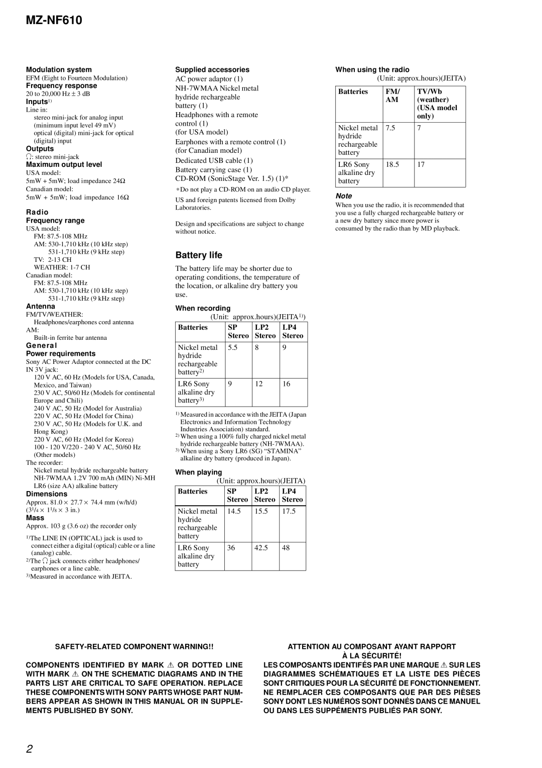 Sony MZ-NF610 service manual Battery life 