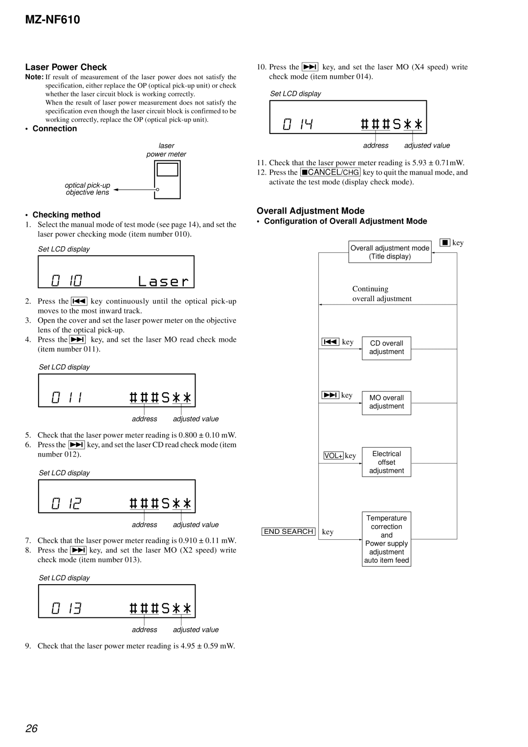 Sony MZ-NF610 service manual Laser Power Check, Connection, Checking method, Configuration of Overall Adjustment Mode 