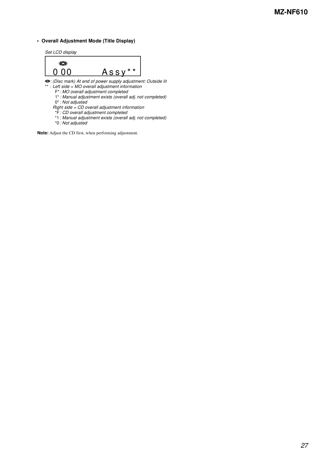 Sony MZ-NF610 service manual Overall Adjustment Mode Title Display 