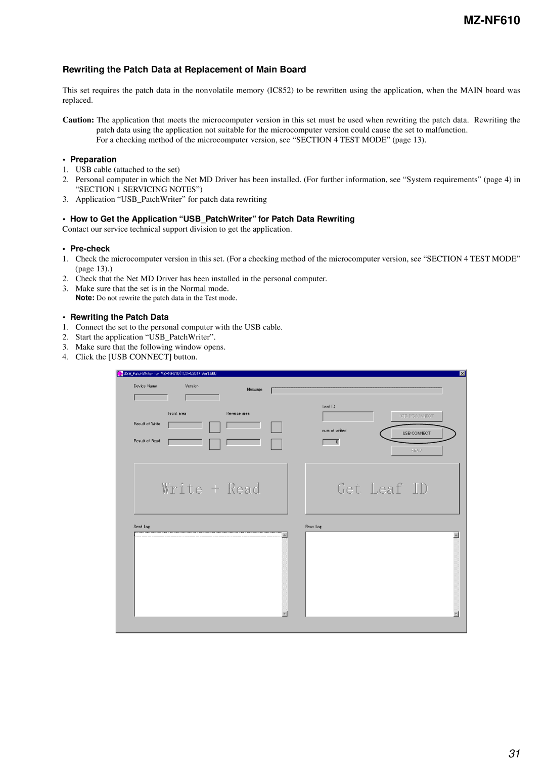 Sony MZ-NF610 service manual Rewriting the Patch Data at Replacement of Main Board, Preparation, Pre-check 