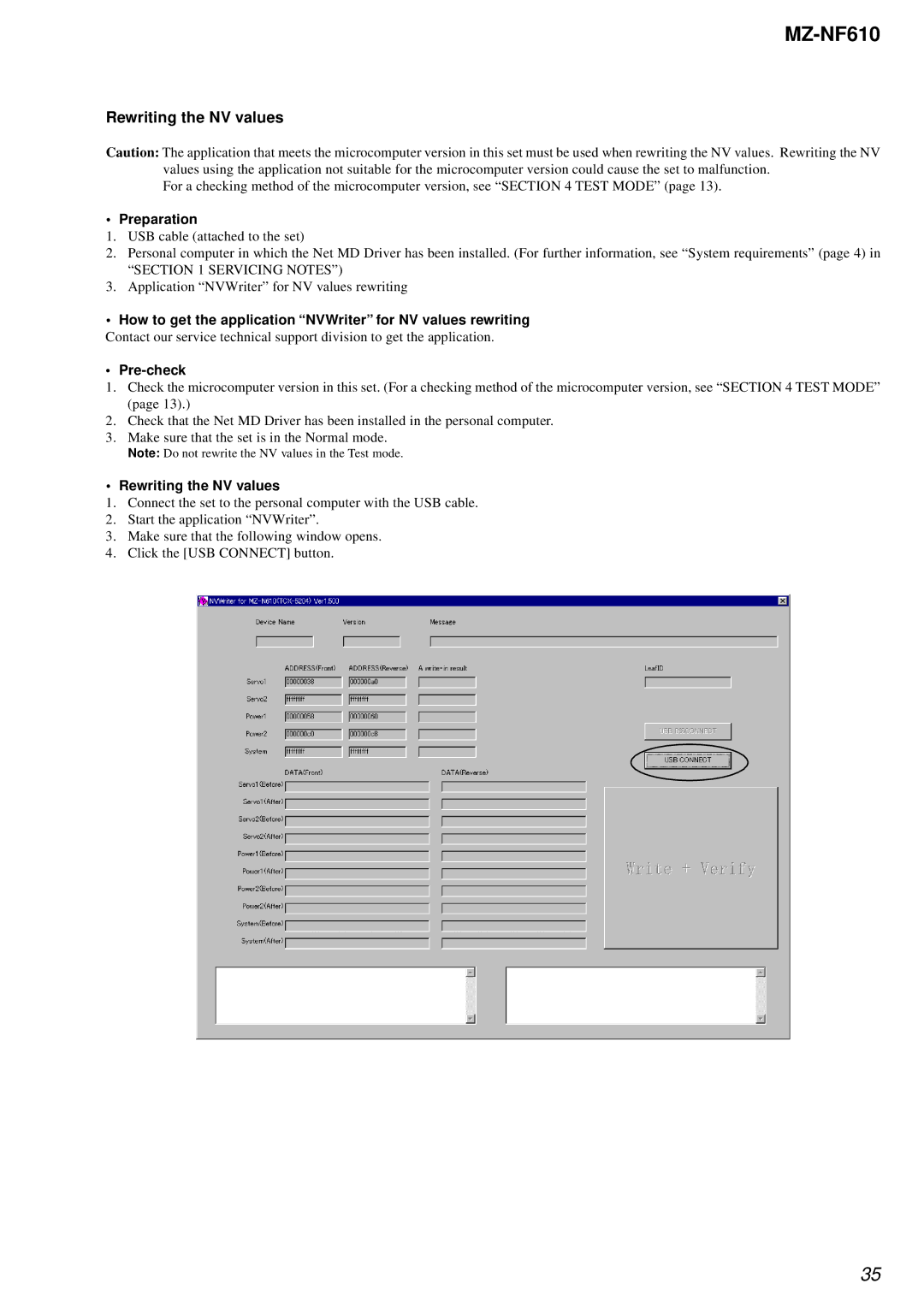 Sony MZ-NF610 service manual Rewriting the NV values, How to get the application NVWriter for NV values rewriting 