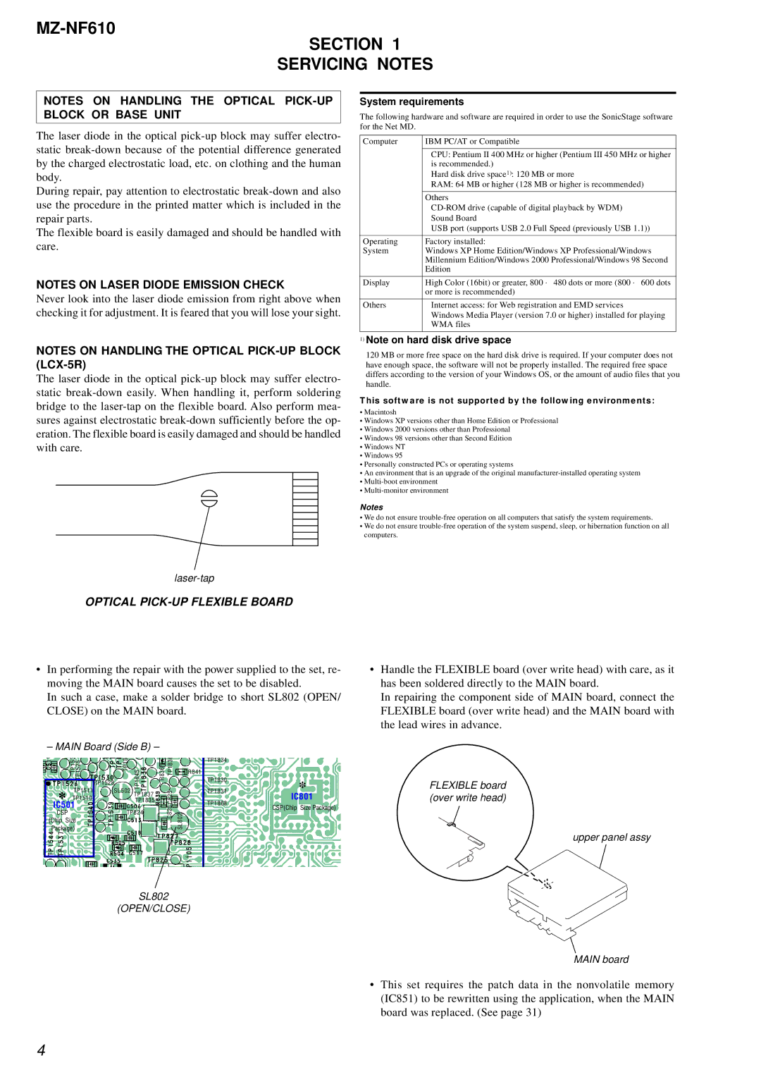 Sony MZ-NF610 service manual Section Servicing Notes, System requirements 