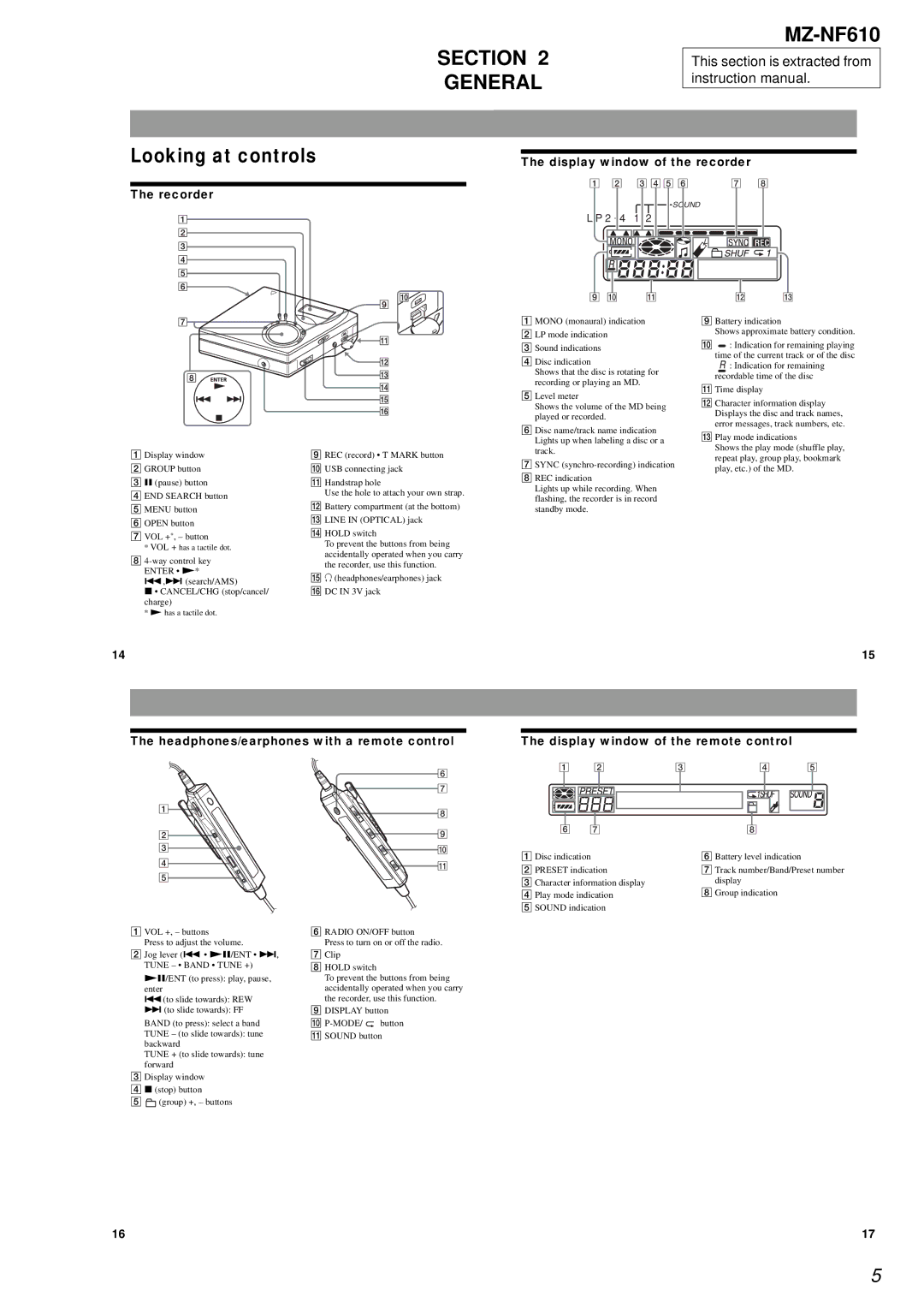 Sony service manual Section General, MZ-NF610 Looking at controls 