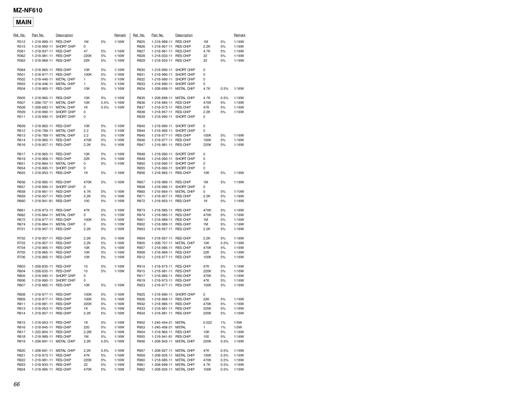 Sony MZ-NF610 service manual R312 RES-CHIP 16W R315 218-990-11 