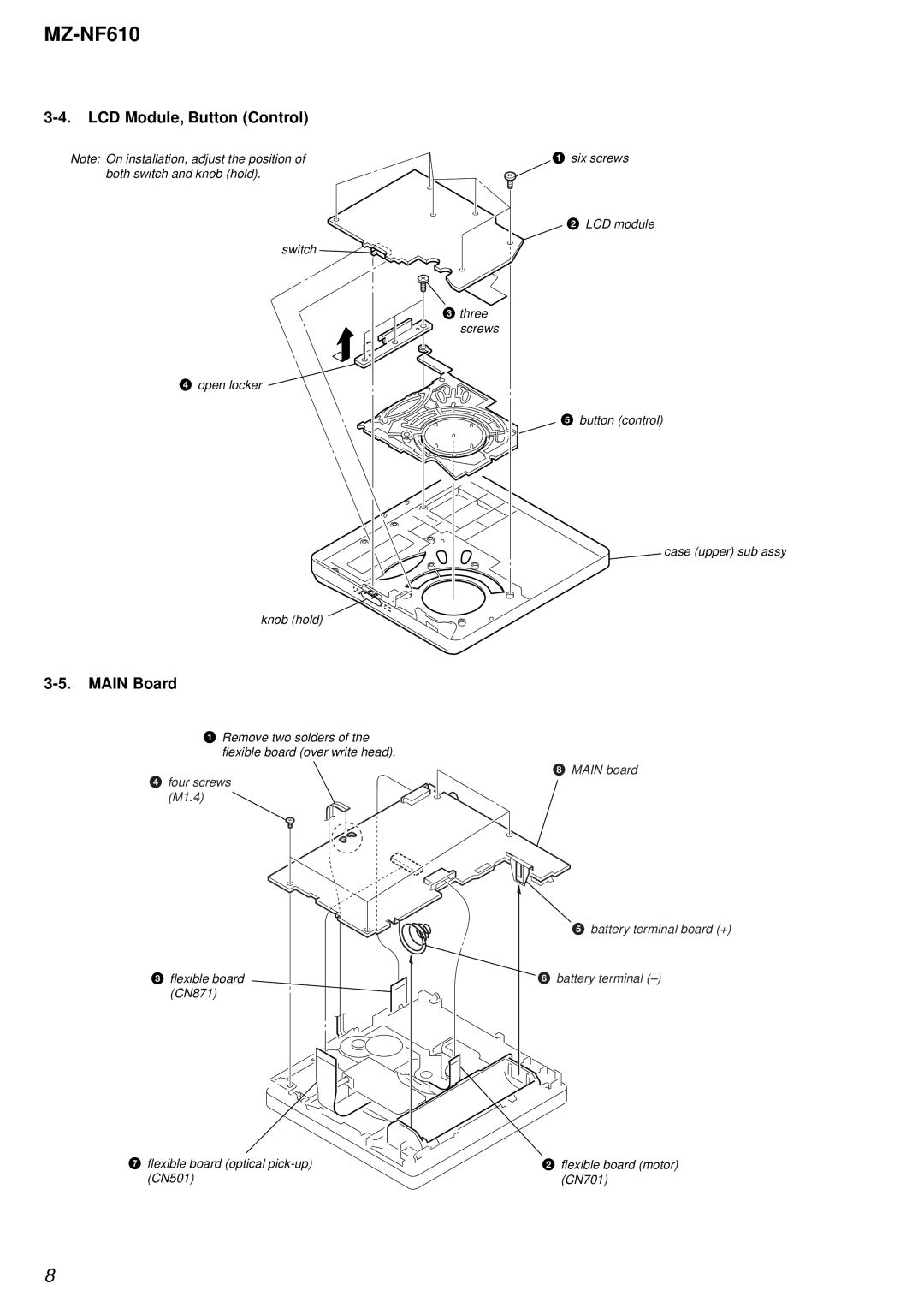 Sony MZ-NF610 service manual LCD Module, Button Control, Main Board 