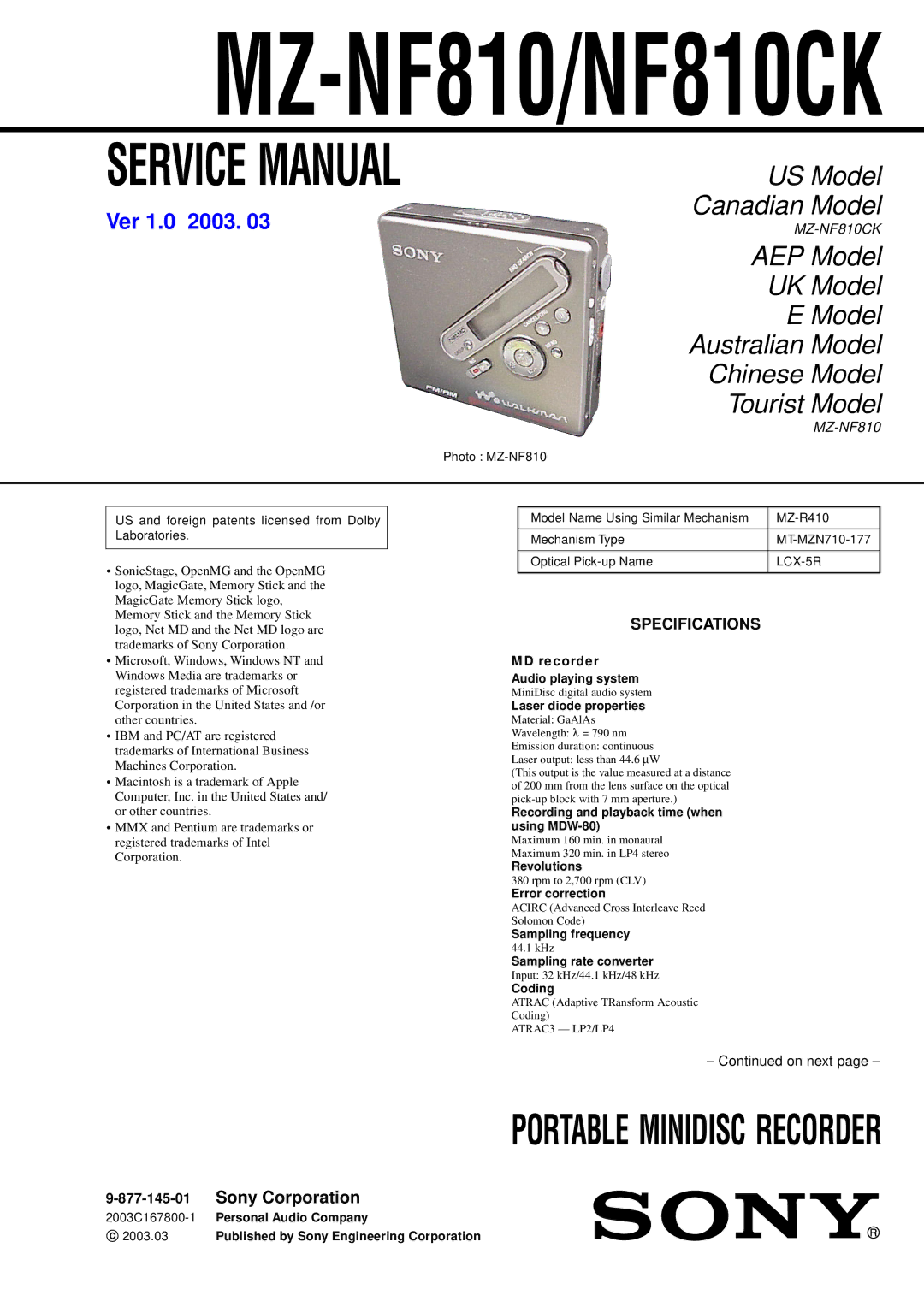 Sony service manual MZ-NF810/NF810CK 