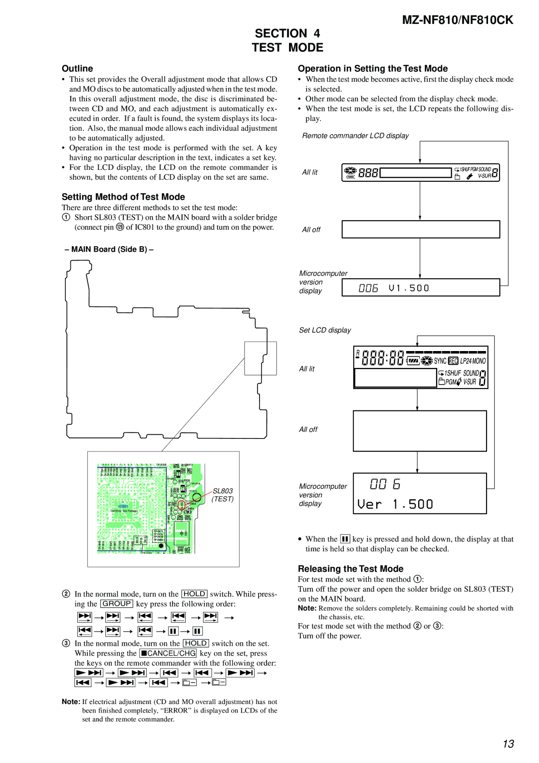 Sony MZ-NF810 service manual Section Test Mode, Outline, Operation in Setting the Test Mode, Setting Method of Test Mode 