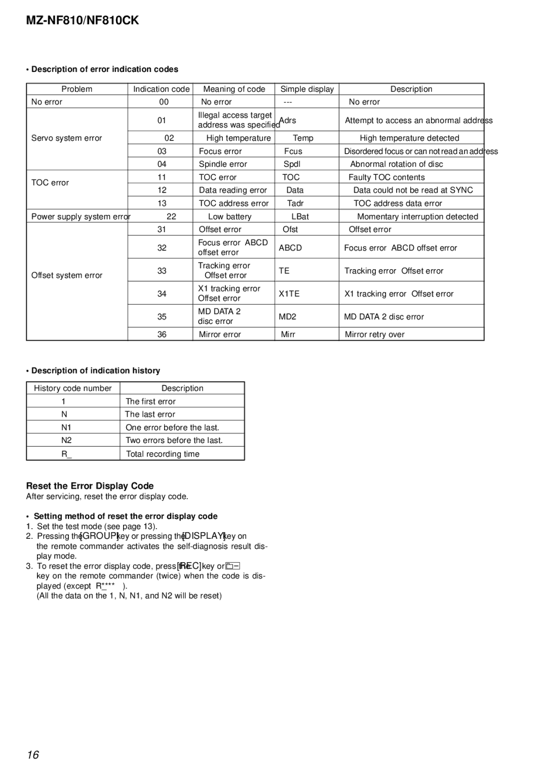 Sony MZ-NF810 Reset the Error Display Code, Description of error indication codes, Description of indication history 