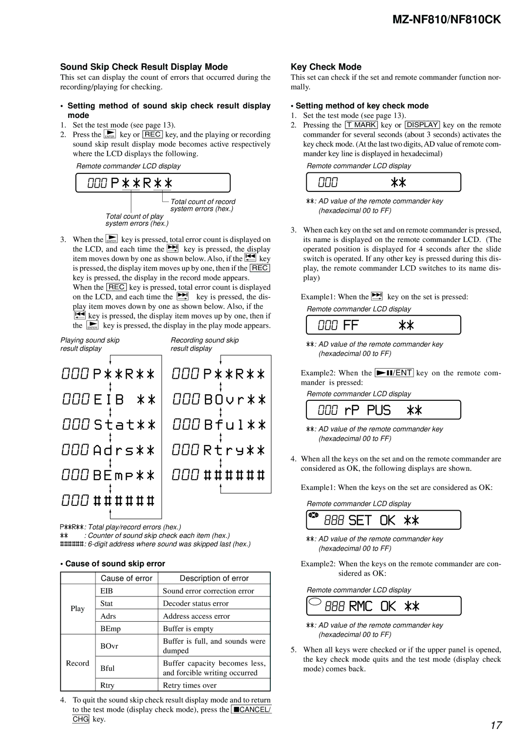 Sony MZ-NF810 service manual 000 P * * R, 000 FF, Rp Pus, Set Ok, Rmc Ok 