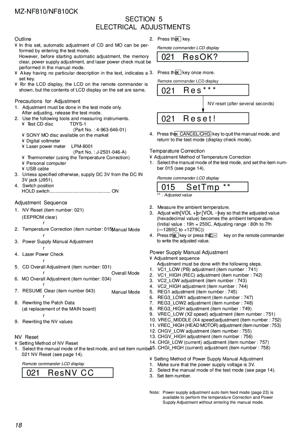 Sony MZ-NF810 service manual ResOK?, E s e t, SetTmp, ResNV CC 