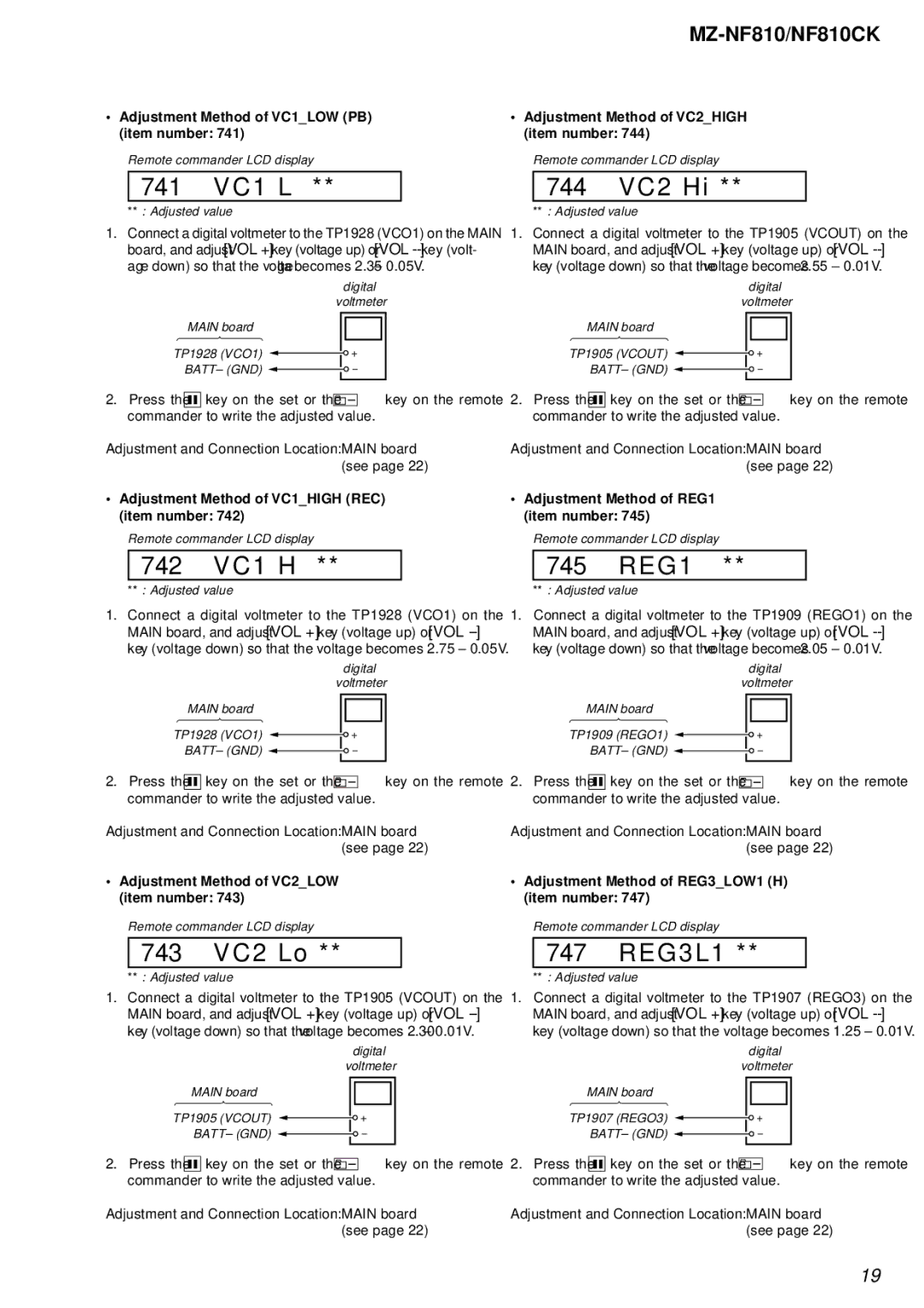 Sony MZ-NF810 service manual 741 VC1 L, 742 VC1 H, 743 VC2 Lo, 744 VC2 Hi, 745 REG1, 747 REG3L1 