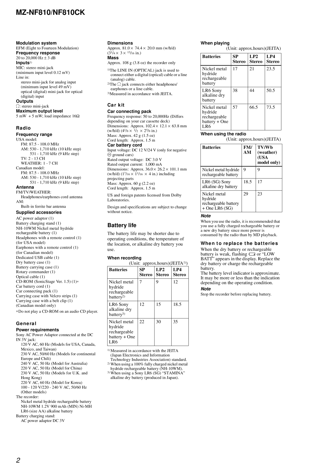 Sony MZ-NF810 service manual Battery life, LR6 