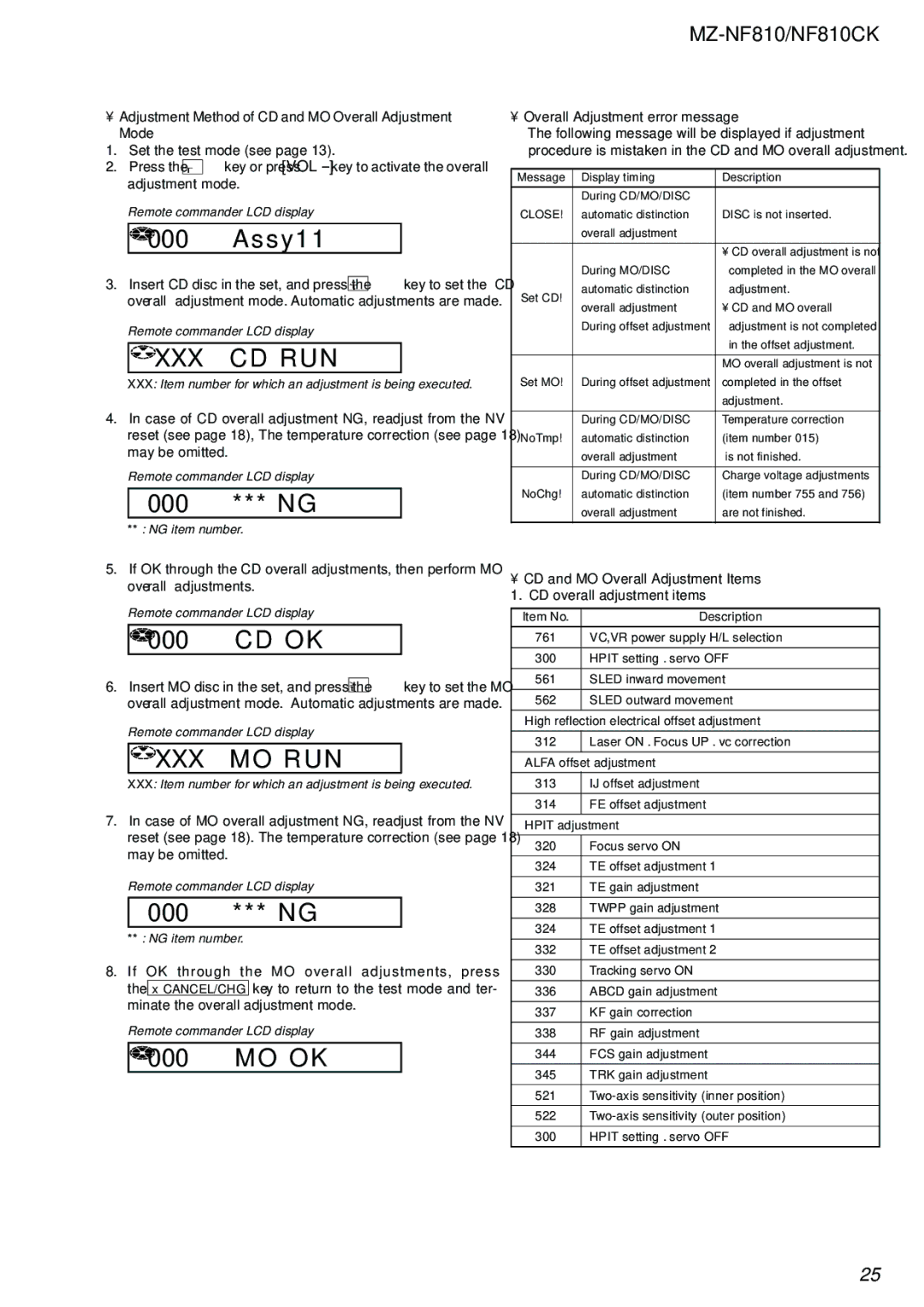 Sony MZ-NF810 service manual Assy11, 000 *** NG, Cd Ok, Mo Ok 