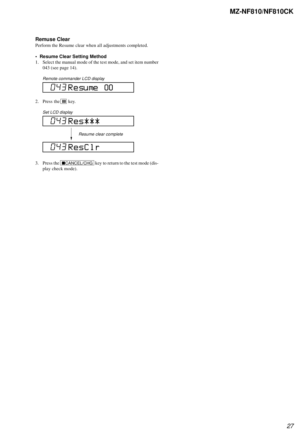 Sony MZ-NF810 service manual 043Resume, 043 Res, ResClr, Remuse Clear, Resume Clear Setting Method 