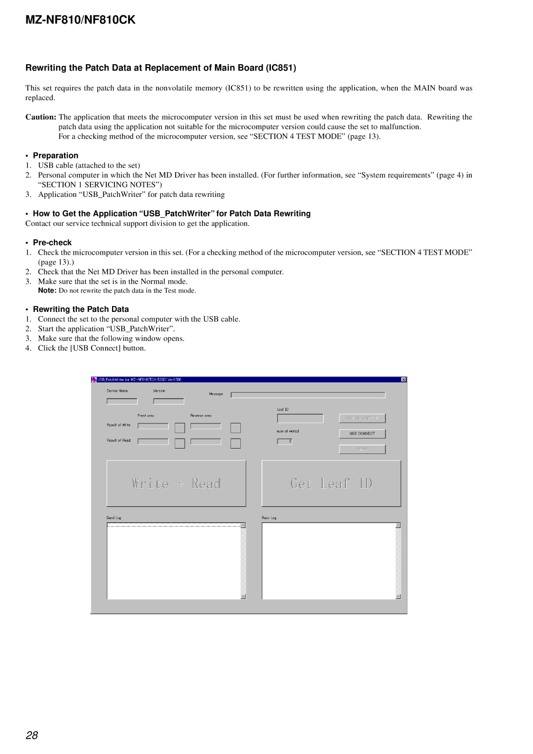 Sony MZ-NF810 service manual Rewriting the Patch Data at Replacement of Main Board IC851, Preparation, Pre-check 