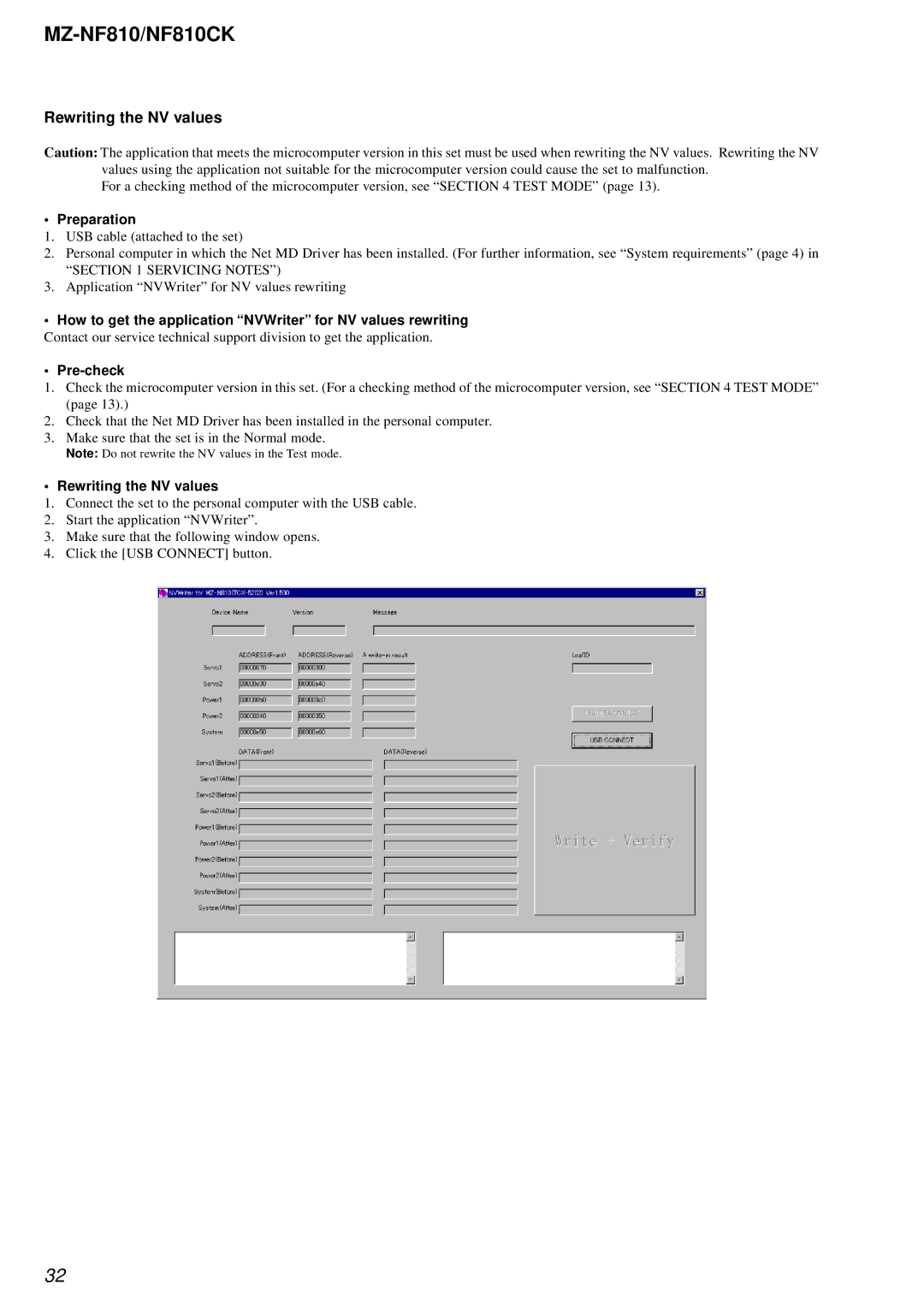 Sony MZ-NF810 service manual Rewriting the NV values, How to get the application NVWriter for NV values rewriting 