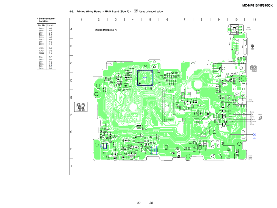 Sony MZ-NF810 service manual Printed Wiring Board Main Board Side a Uses unleaded solder, Semiconductor Location 