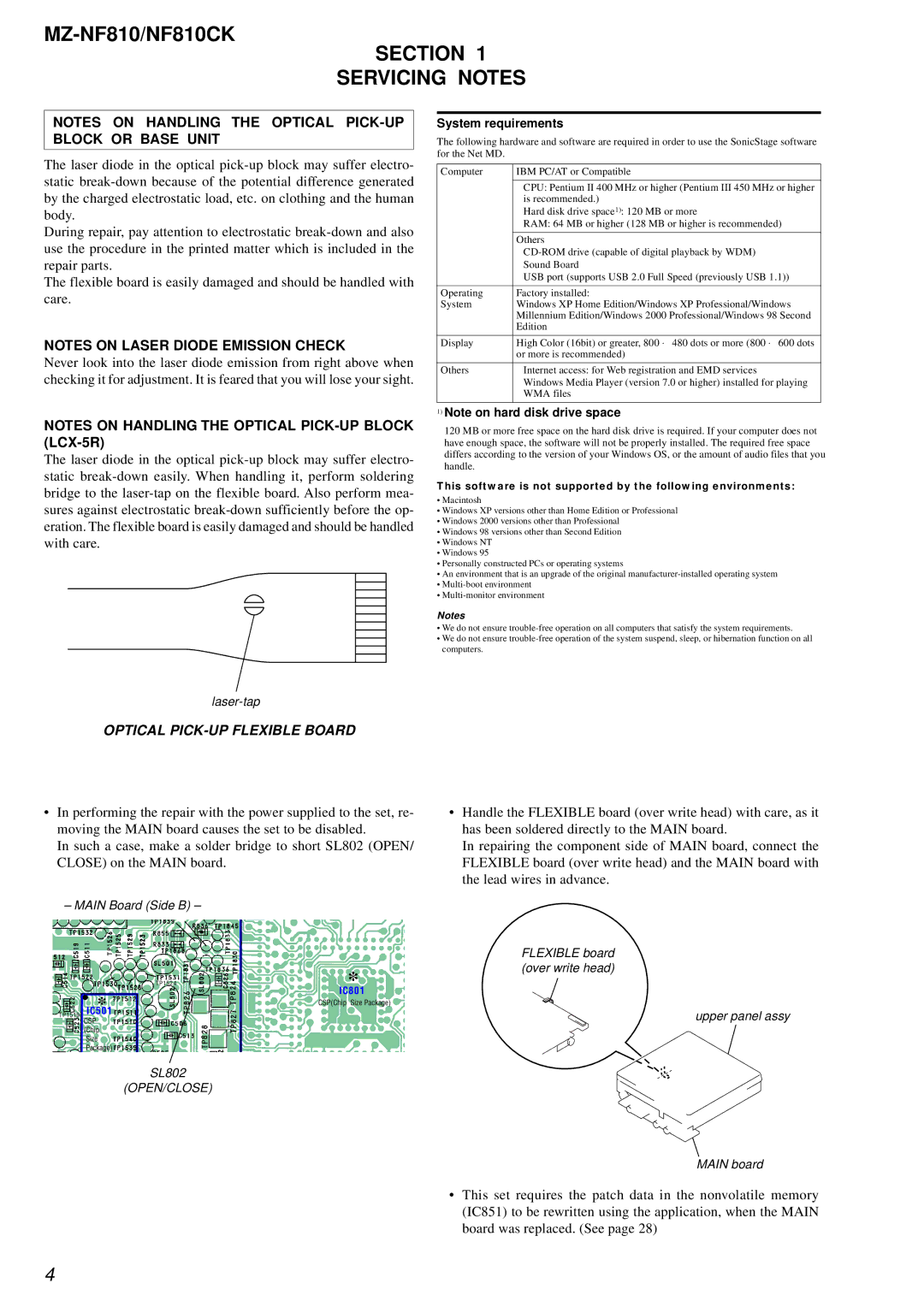 Sony MZ-NF810 service manual Section Servicing Notes, System requirements 