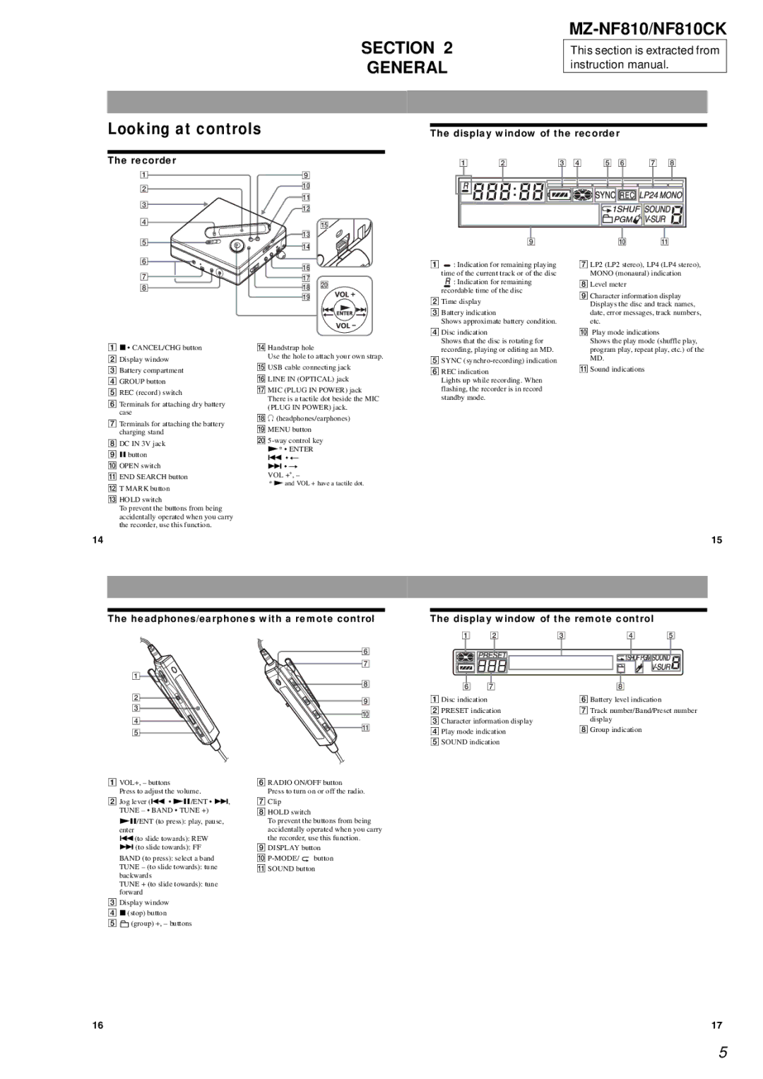 Sony service manual Section General, MZ-NF810/NF810CK Looking at controls 