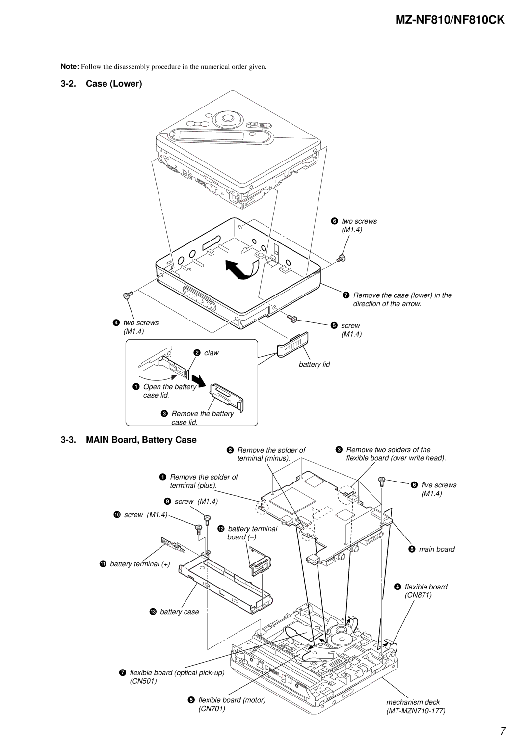 Sony MZ-NF810 service manual Case Lower, Main Board, Battery Case 