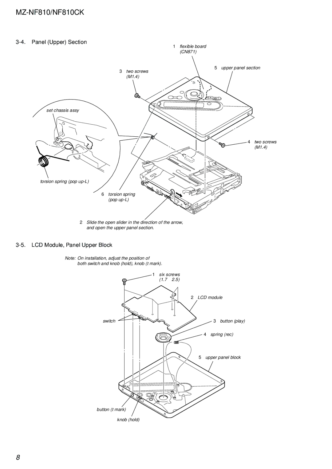 Sony MZ-NF810 service manual Panel Upper Section, LCD Module, Panel Upper Block 