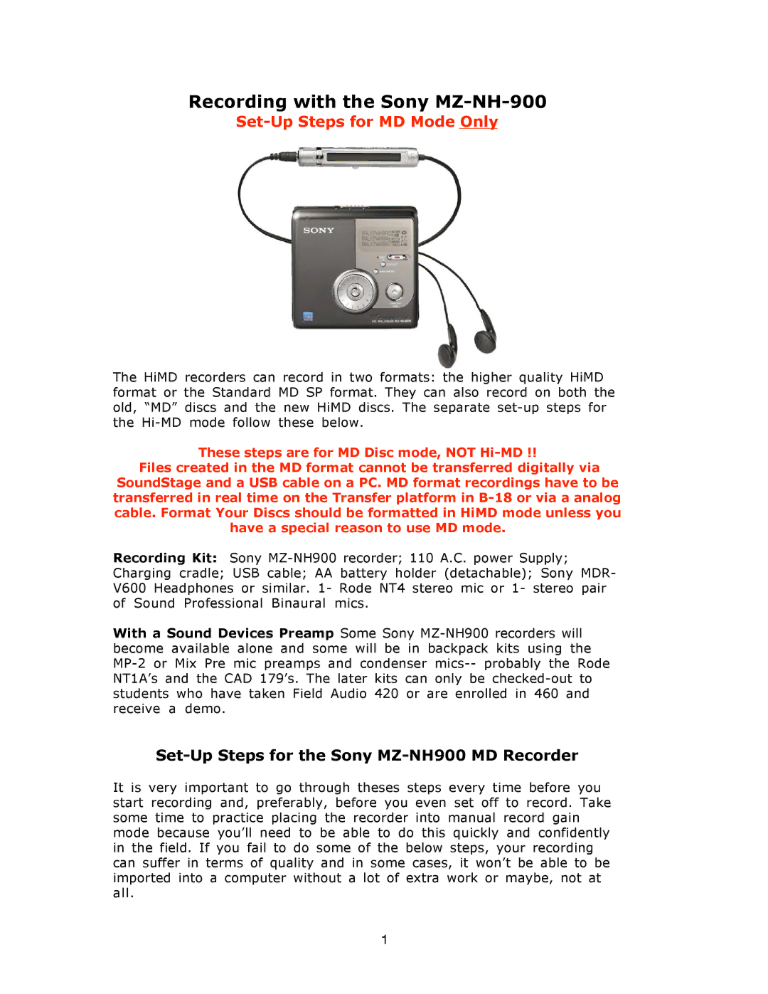 Sony MZ-NH900 manual Recording with the Sony MZ-NH-900, Set-Up Steps for MD Mode Only 