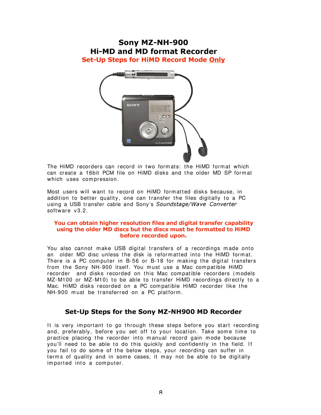 Sony MZ-NH900 manual Sony MZ-NH-900 Hi-MD and MD format Recorder, Set-Up Steps for HiMD Record Mode Only 