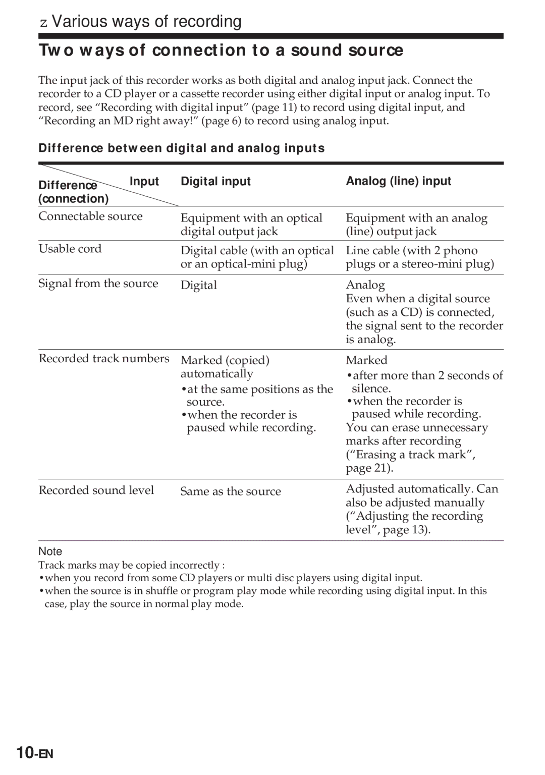 Sony MZ-R30 operating instructions Various ways of recording, Two ways of connection to a sound source, 10-EN 