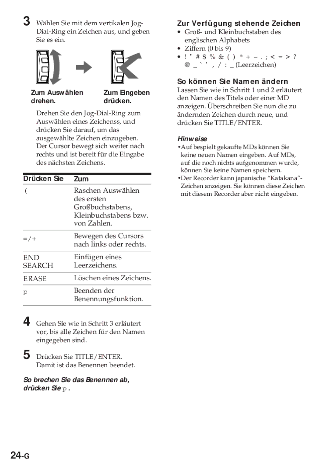 Sony MZ-R30 operating instructions 24-G, Drücken Sie Zum, Zur Verfügung stehende Zeichen, So können Sie Namen ändern 