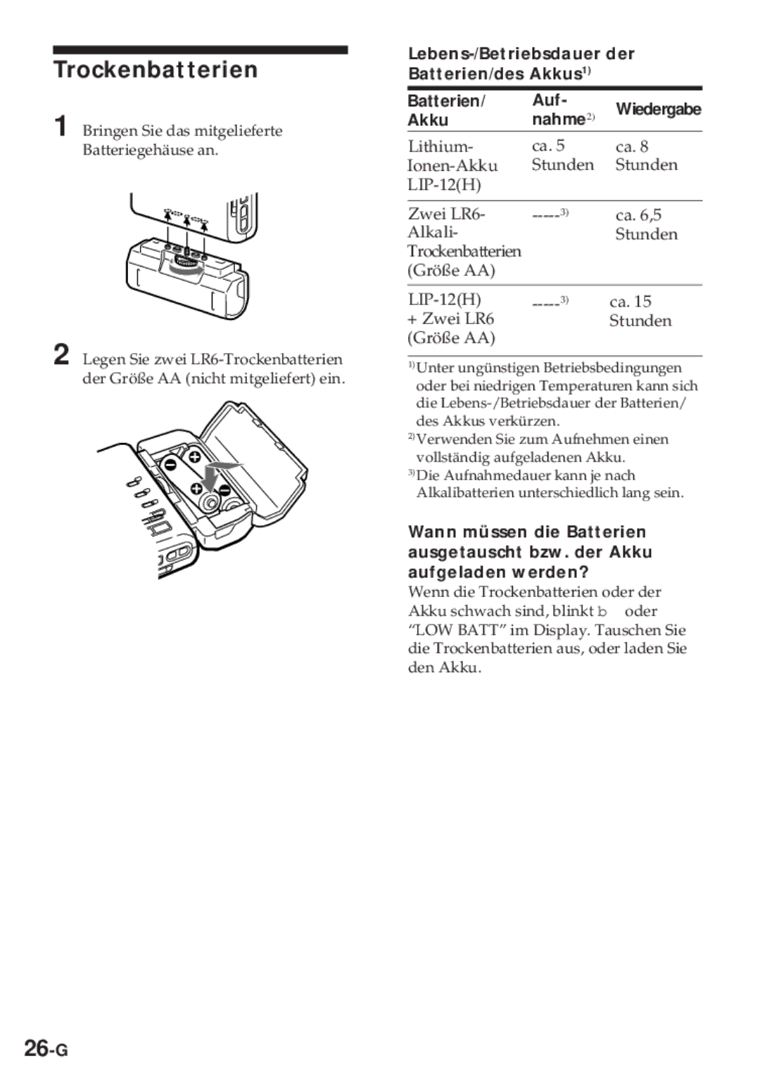 Sony MZ-R30 operating instructions Trockenbatterien, 26-G, Lebens-/Betriebsdauer der Batterien/des Akkus1 Auf, Akku Nahme2 