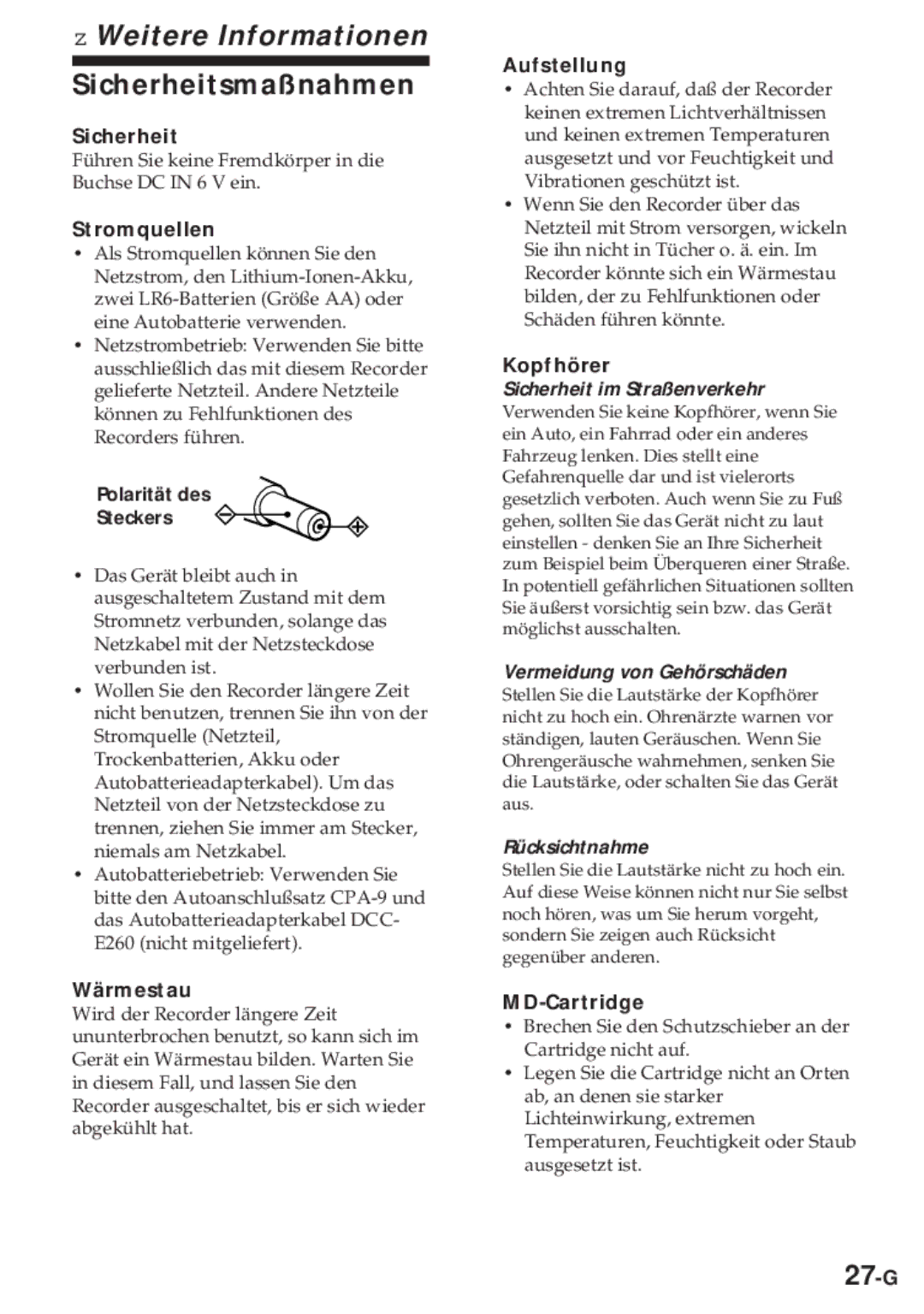 Sony MZ-R30 operating instructions Weitere Informationen, Sicherheitsmaßnahmen, 27-G 