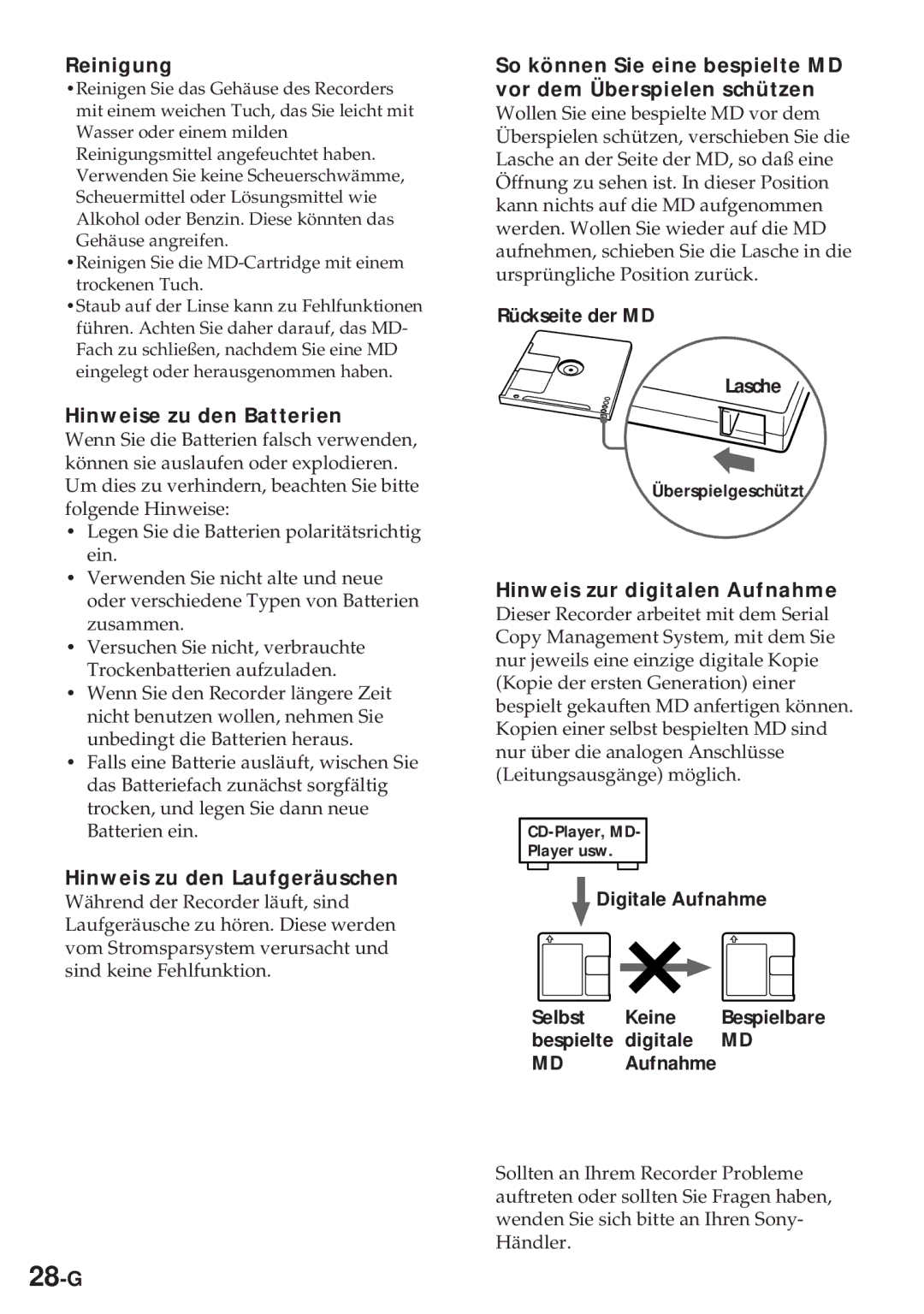 Sony MZ-R30 28-G, Reinigung, Hinweise zu den Batterien, Hinweis zu den Laufgeräuschen, Hinweis zur digitalen Aufnahme 