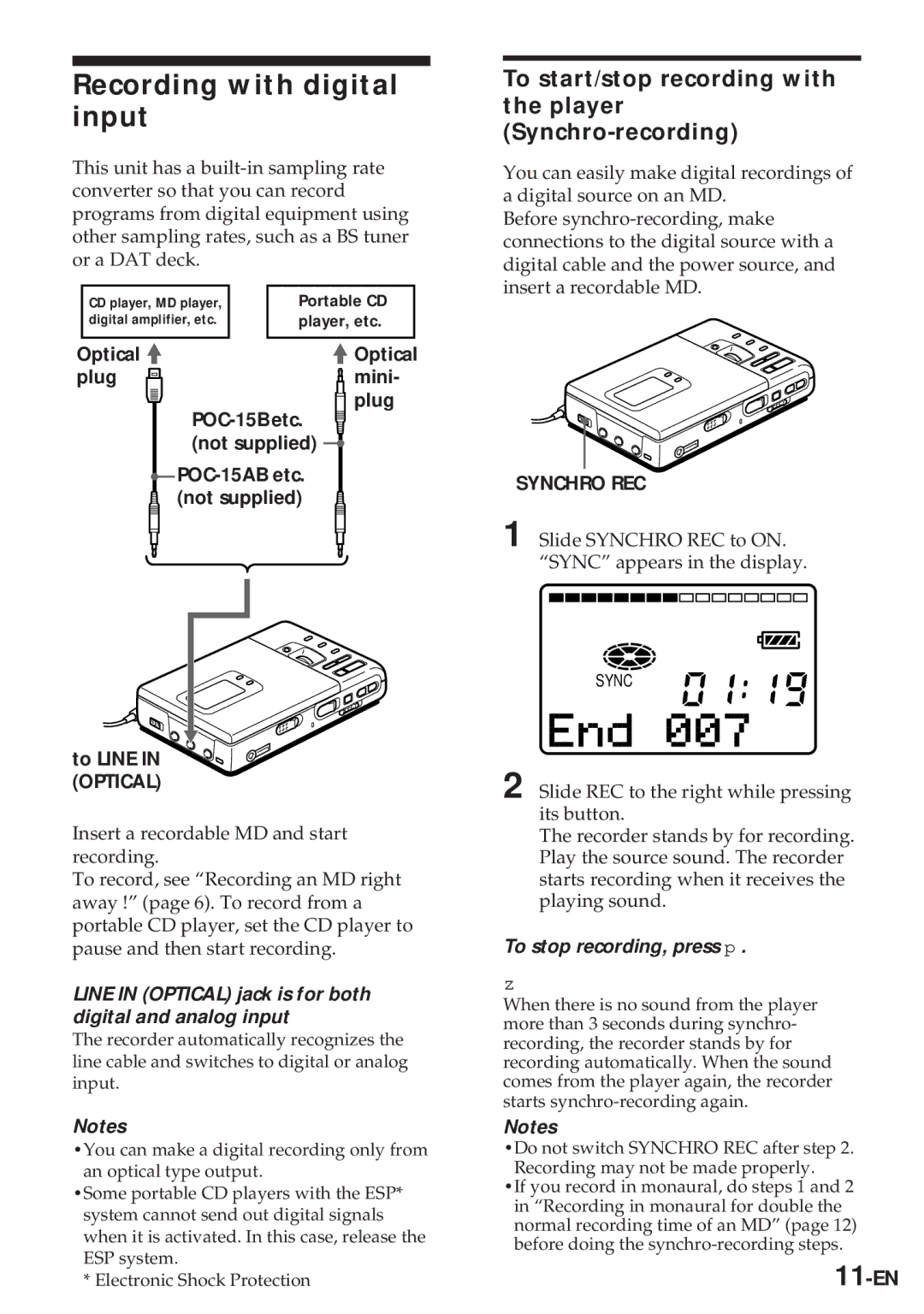 Sony MZ-R30 Recording with digital input, To start/stop recording with the player Synchro-recording, 11-EN 