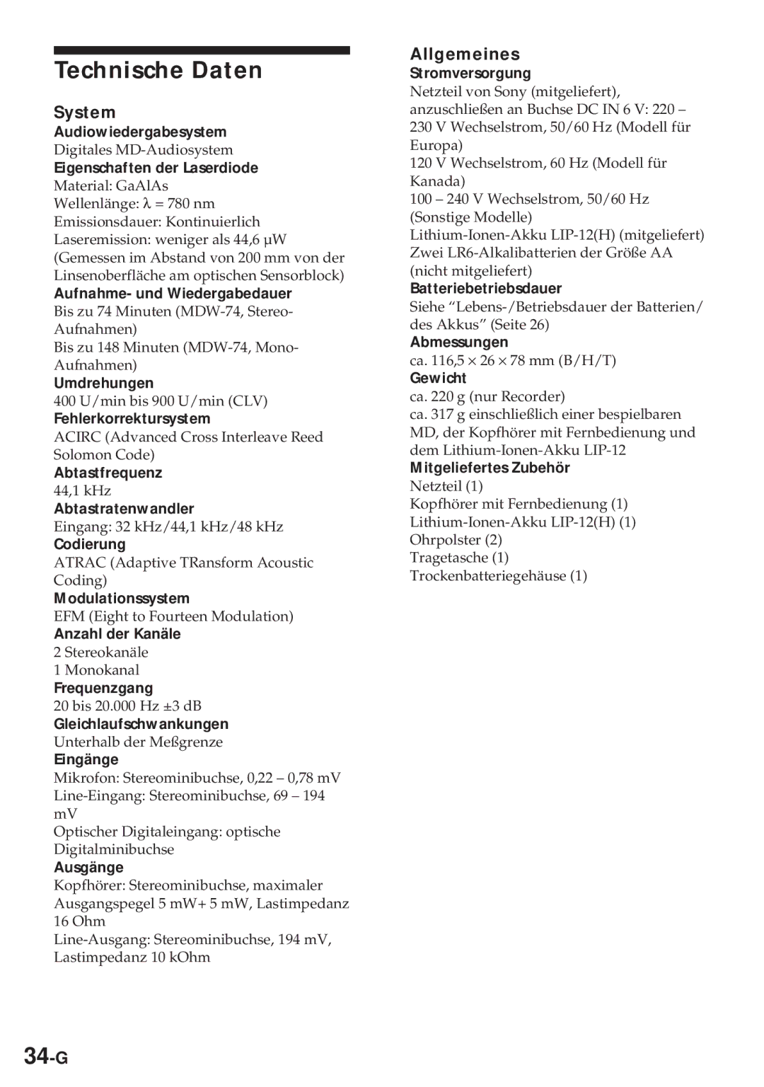 Sony MZ-R30 operating instructions Technische Daten, 34-G, Allgemeines 