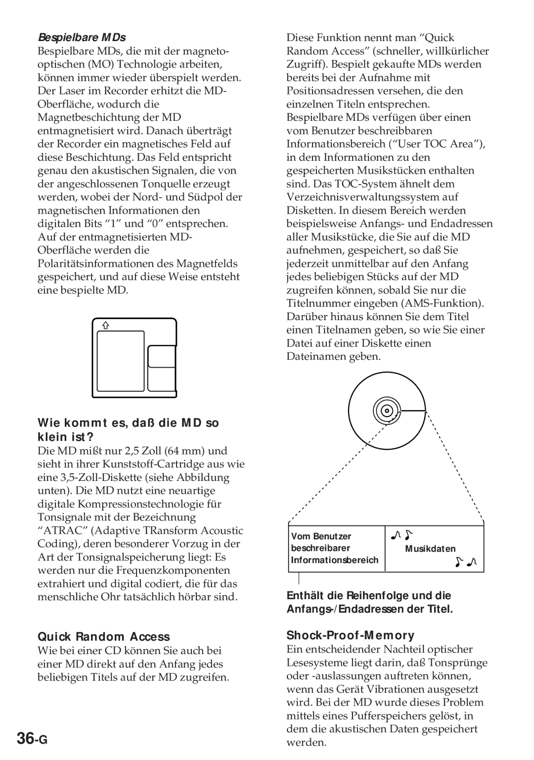 Sony MZ-R30 operating instructions 36-G, Wie kommt es, daß die MD so klein ist?, Shock-Proof-Memory, Bespielbare MDs 