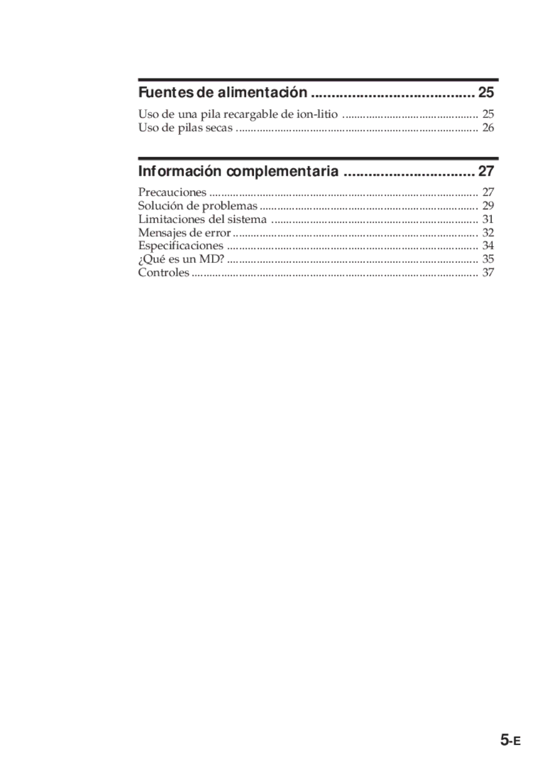 Sony MZ-R30 operating instructions Fuentes de alimentación, Información complementaria 