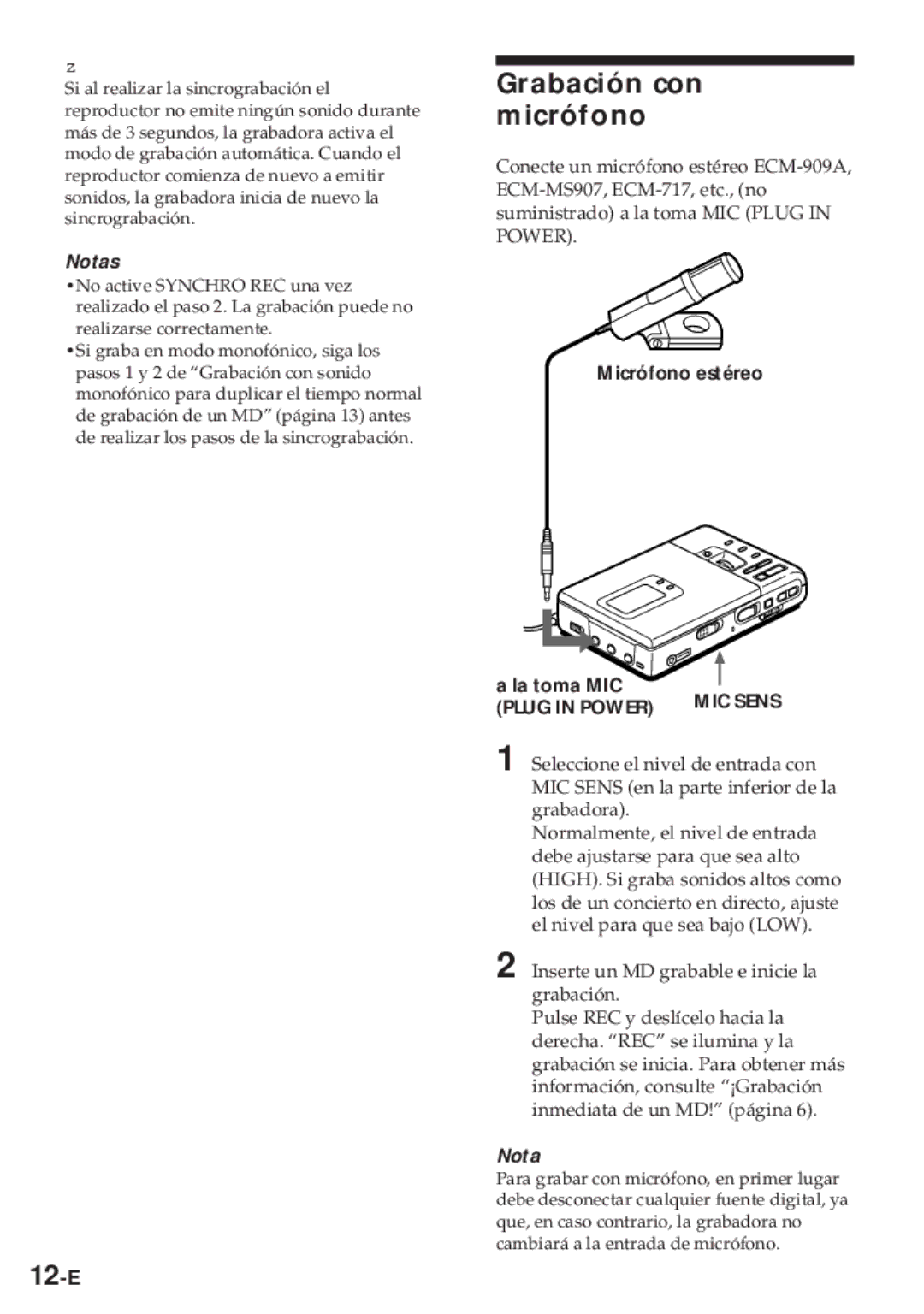 Sony MZ-R30 operating instructions Grabación con micrófono, 12-E, Micrófono estéreo La toma MIC, Nota 