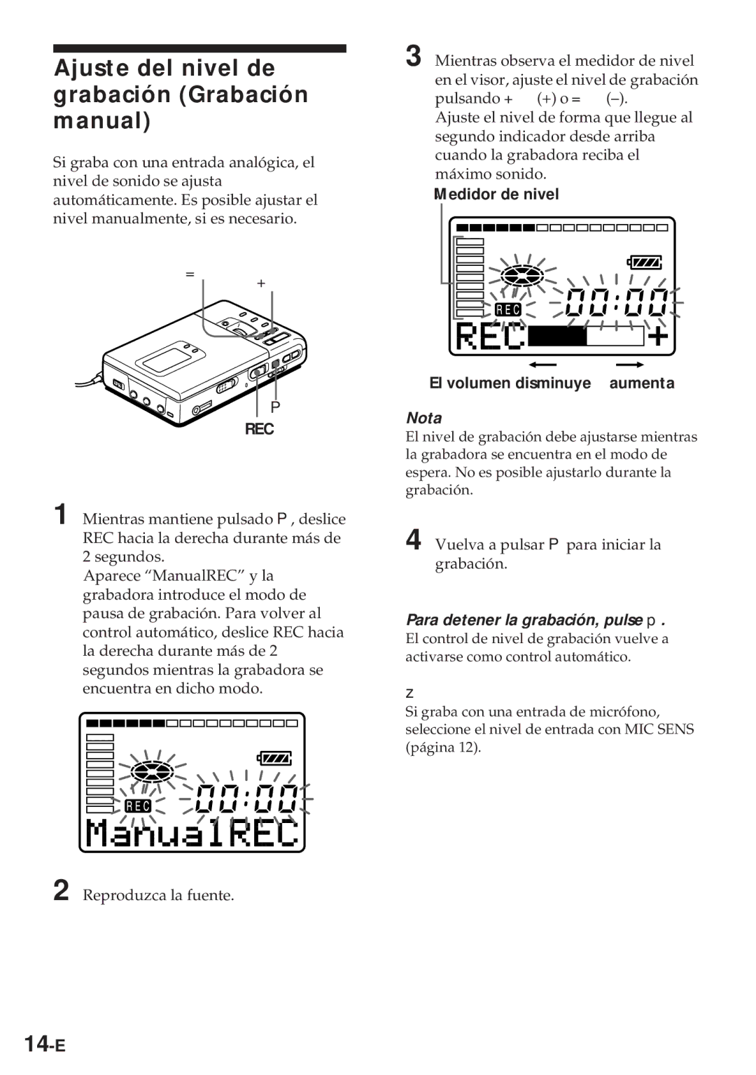 Sony MZ-R30 Ajuste del nivel de grabación Grabación manual, 14-E, Medidor. de nivel El volumen disminuye aumenta Nota 