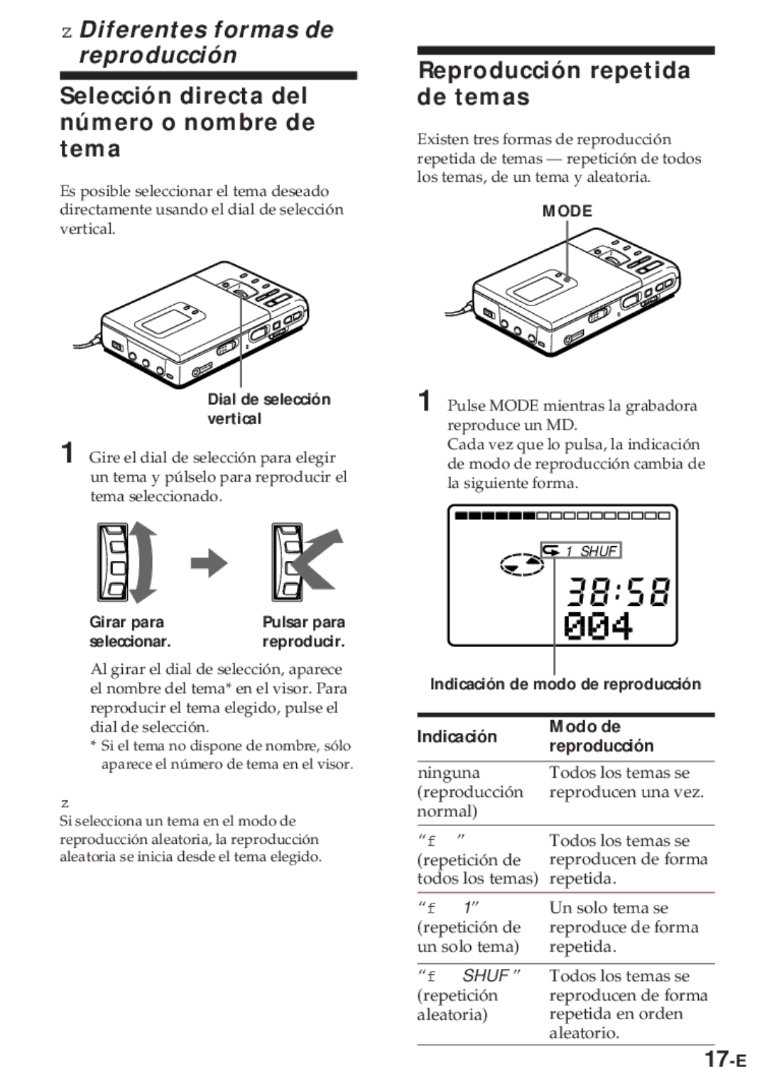 Sony MZ-R30 operating instructions Diferentes formas de reproducción, Selección directa del número o nombre de tema, 17-E 