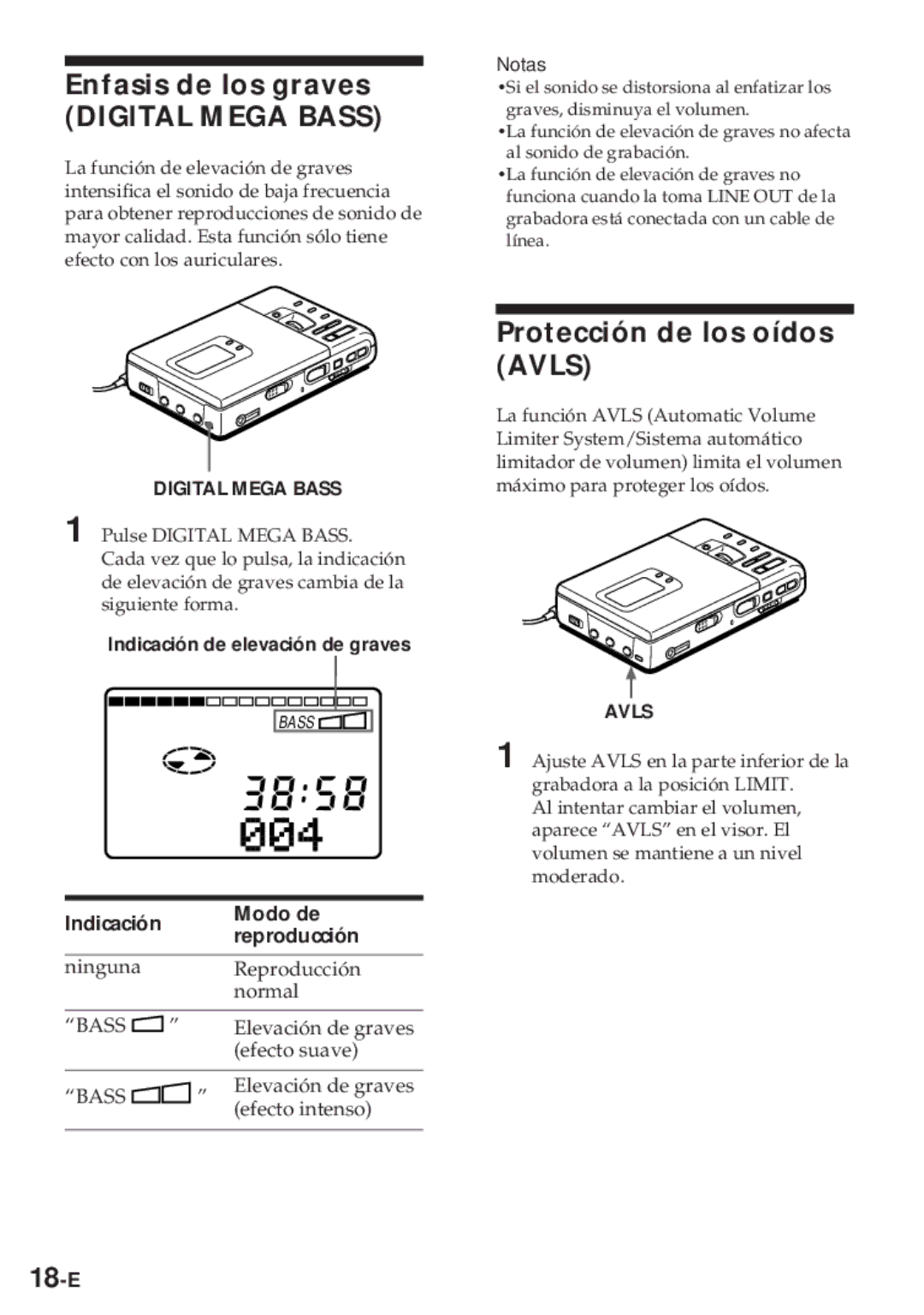 Sony MZ-R30 operating instructions Enfasis de los graves, Protección de los oídos Avls, 18-E 