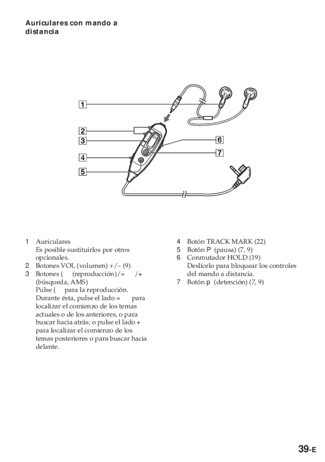 Sony MZ-R30 operating instructions 39-E, Auriculares con mando a distancia 