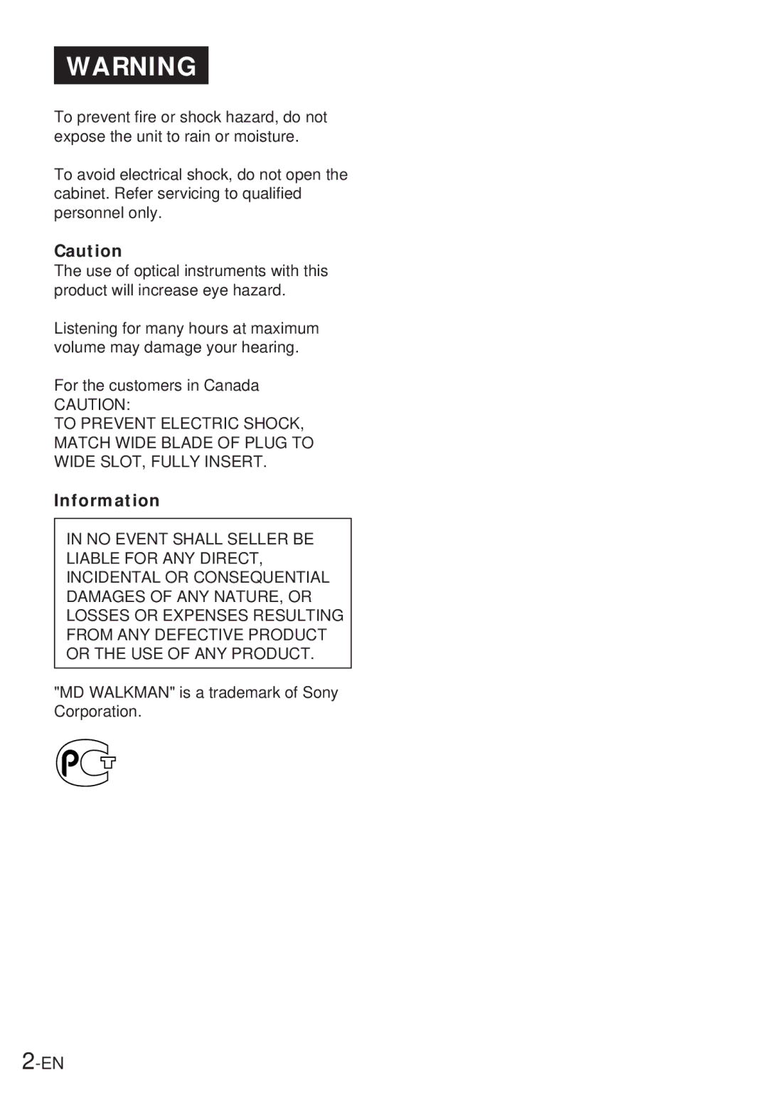 Sony MZ-R30 operating instructions Information, For the customers in Canada 