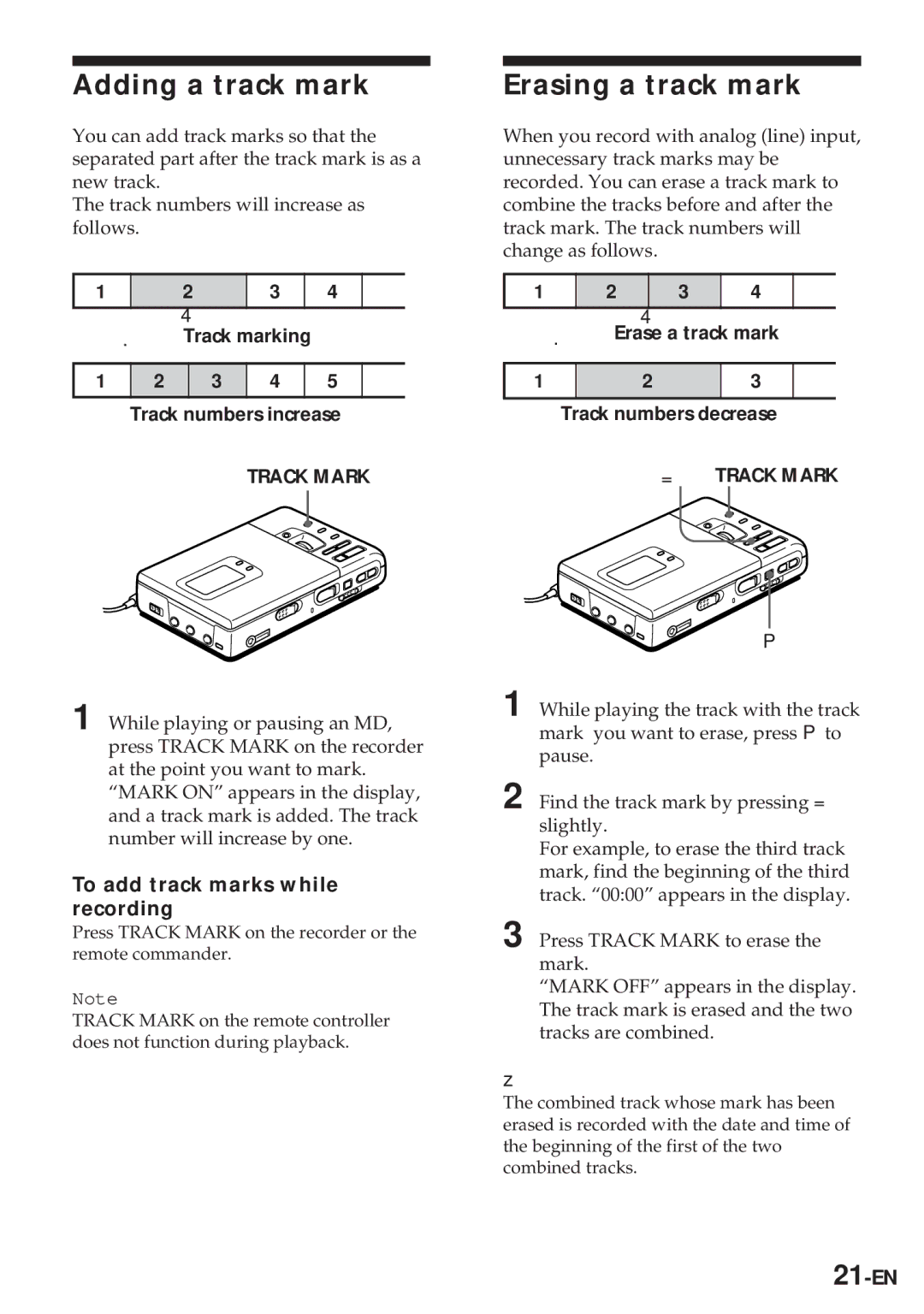 Sony MZ-R30 operating instructions Adding a track mark, Erasing a track mark, To add track marks while recording, 21-EN 