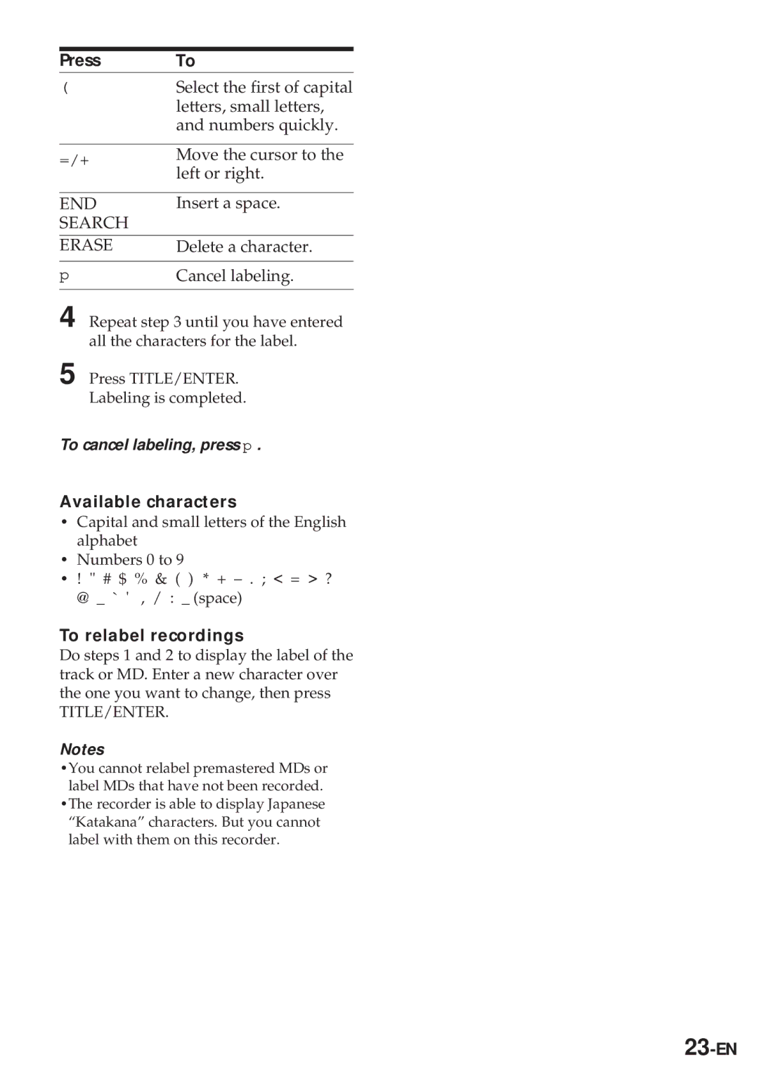 Sony MZ-R30 operating instructions Available characters, To relabel recordings, 23-EN 