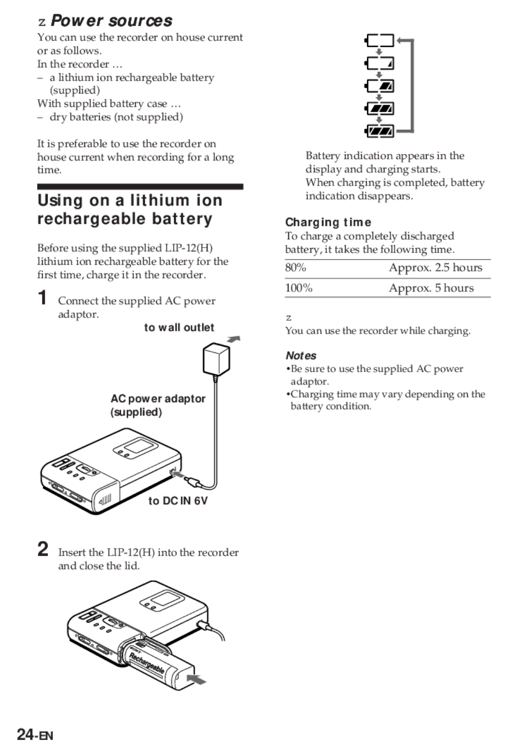 Sony MZ-R30 operating instructions Power sources, Using on a lithium ion rechargeable battery, Charging time, 24-EN 