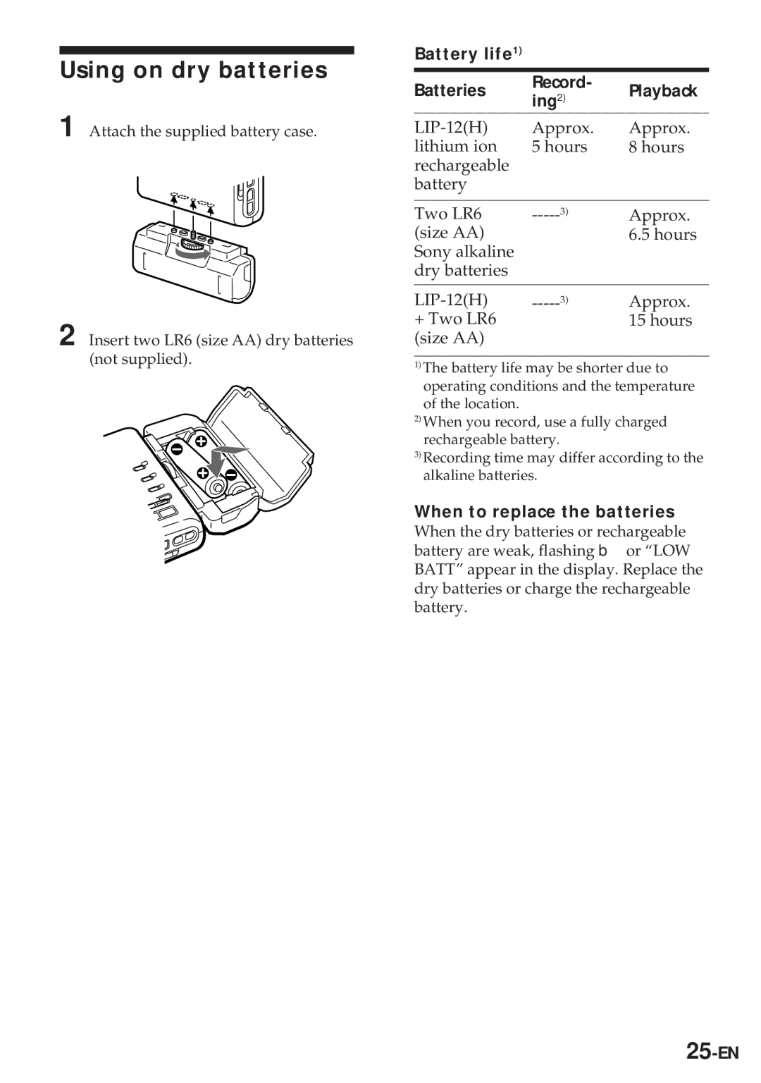 Sony MZ-R30 Using on dry batteries, Battery life1 Batteries Record Playback Ing2, When to replace the batteries, 25-EN 