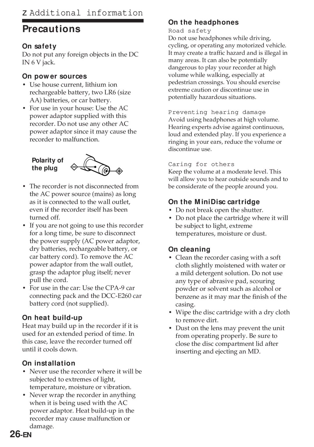 Sony MZ-R30 operating instructions Additional information, Precautions 