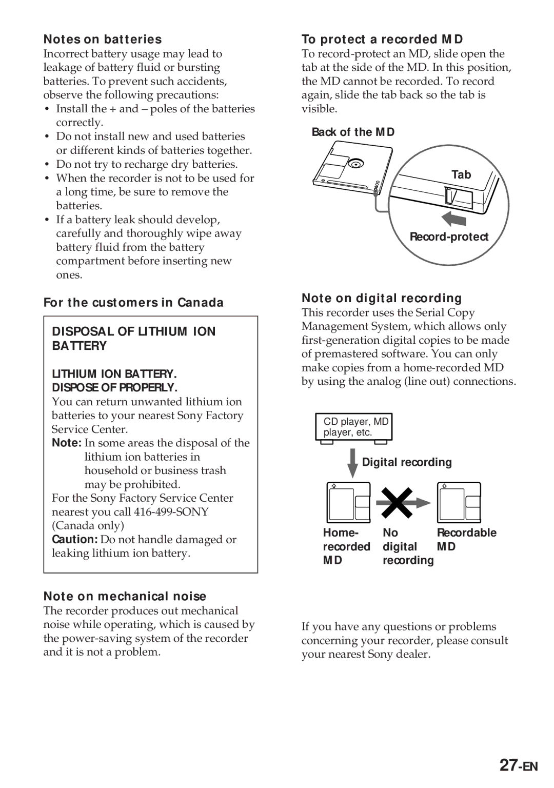 Sony MZ-R30 For the customers in Canada, To protect a recorded MD, 27-EN, Back of the MD Tab Record-protect 