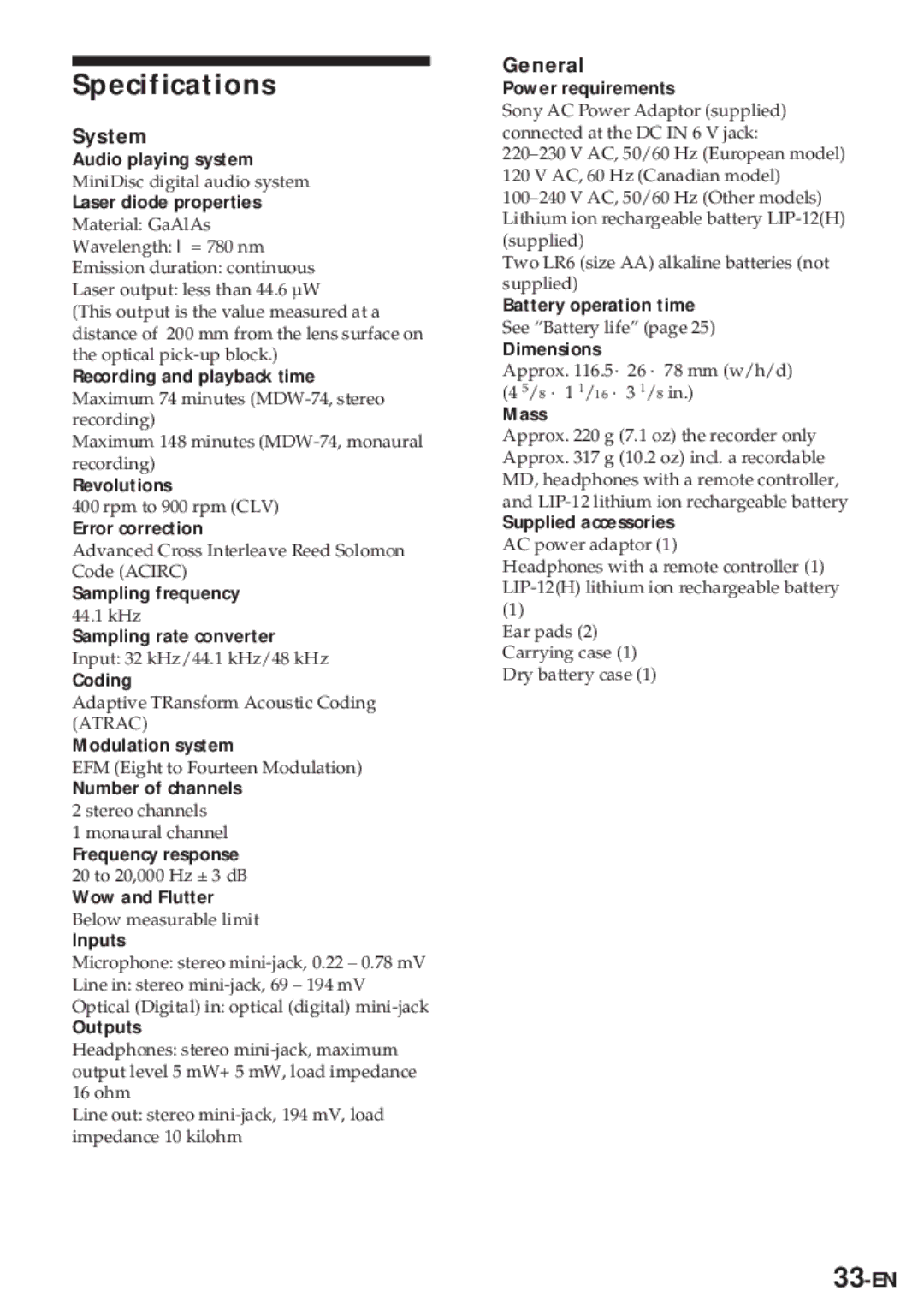 Sony MZ-R30 operating instructions Specifications, System, General, 33-EN 