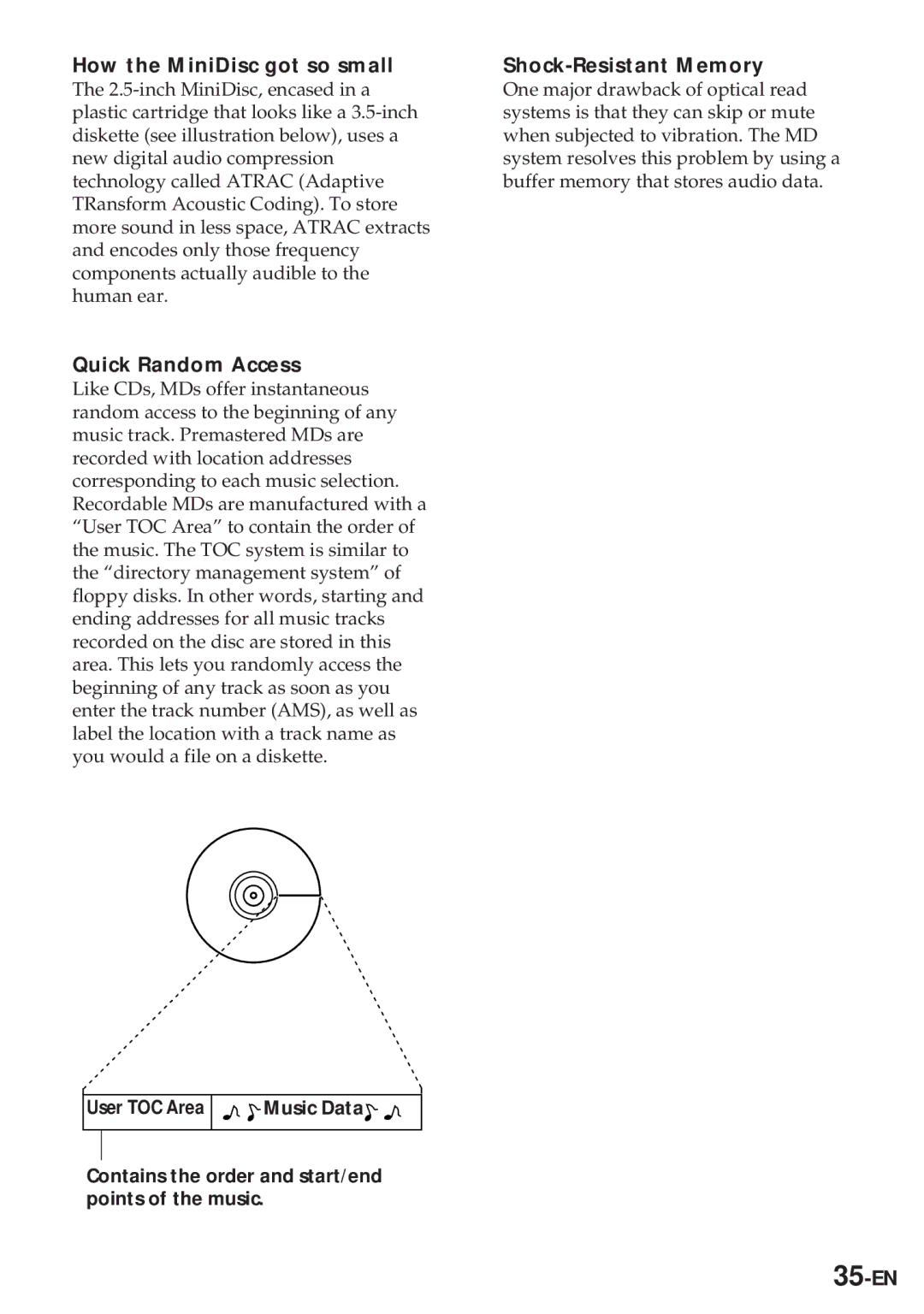 Sony MZ-R30 operating instructions How the MiniDisc got so small, Quick Random Access, Shock-Resistant Memory, 35-EN 